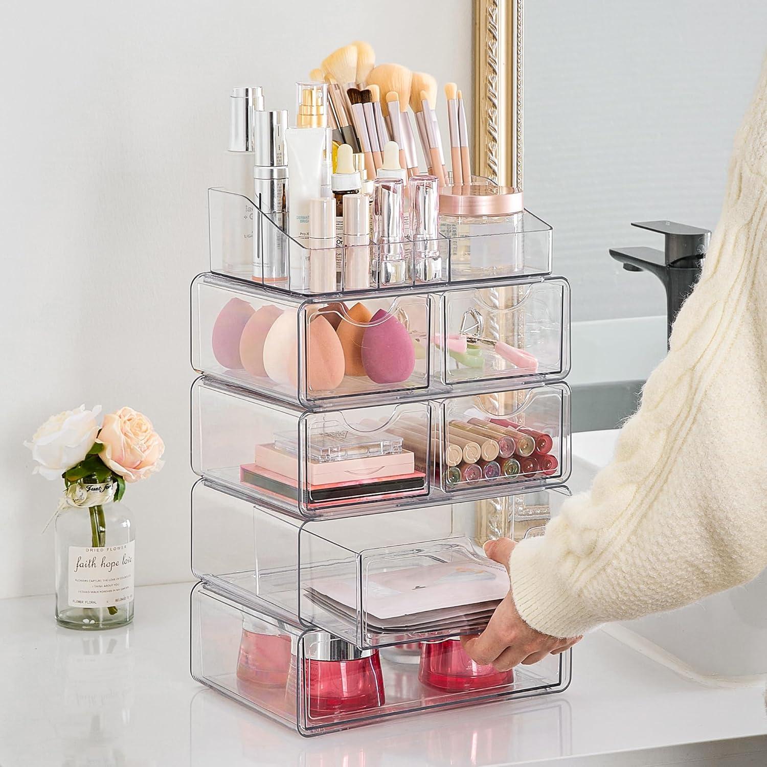 imageVtopmart 1 Tier Clear Makeup Organizer with Drawer Cosmetic Storage for Dresser Countertop and Bathroom Vanity Beauty Holder for Lipstick Brush Skincare5 Tier 2 Sizes Drawer