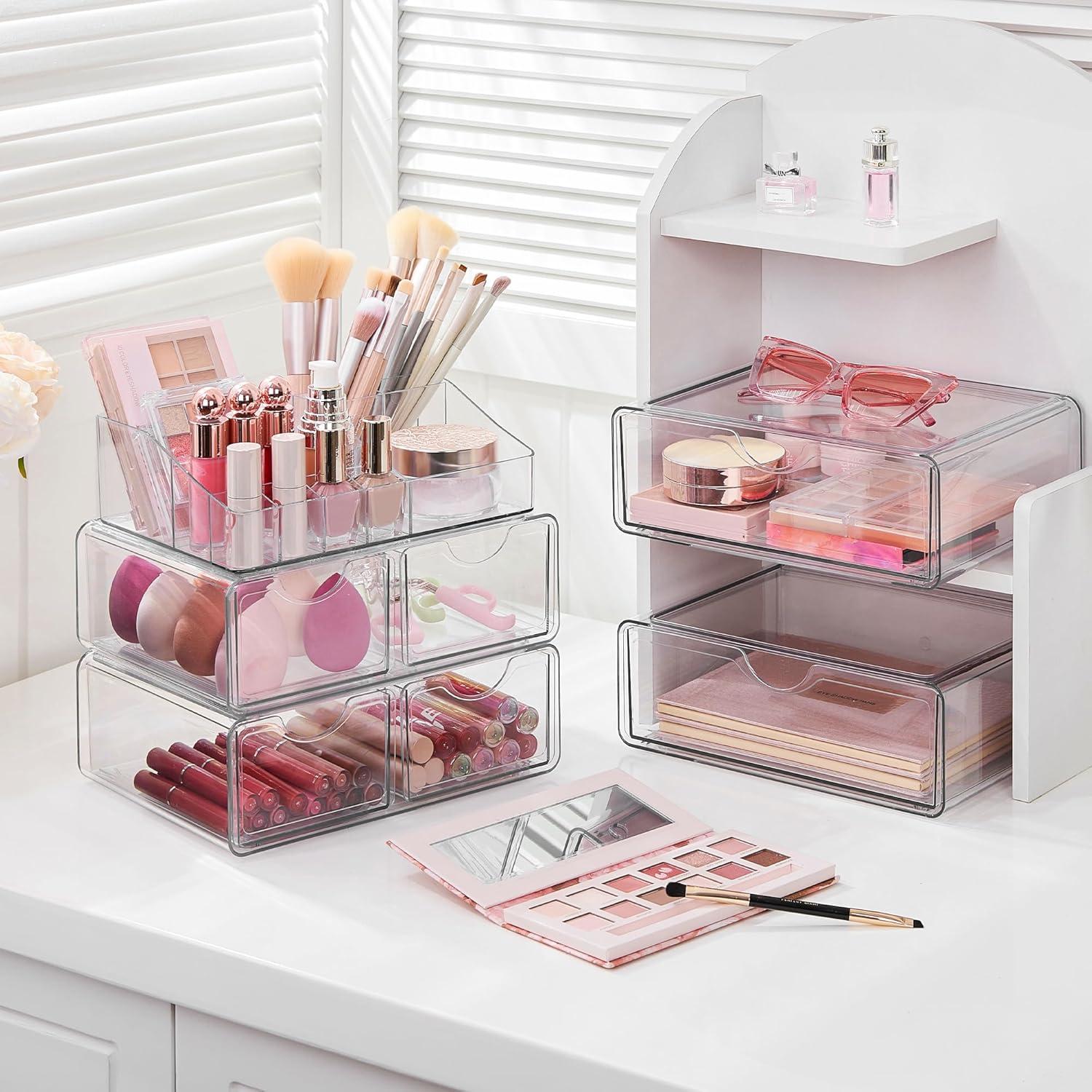 imageVtopmart 1 Tier Clear Makeup Organizer with Drawer Cosmetic Storage for Dresser Countertop and Bathroom Vanity Beauty Holder for Lipstick Brush Skincare5 Tier 2 Sizes Drawer