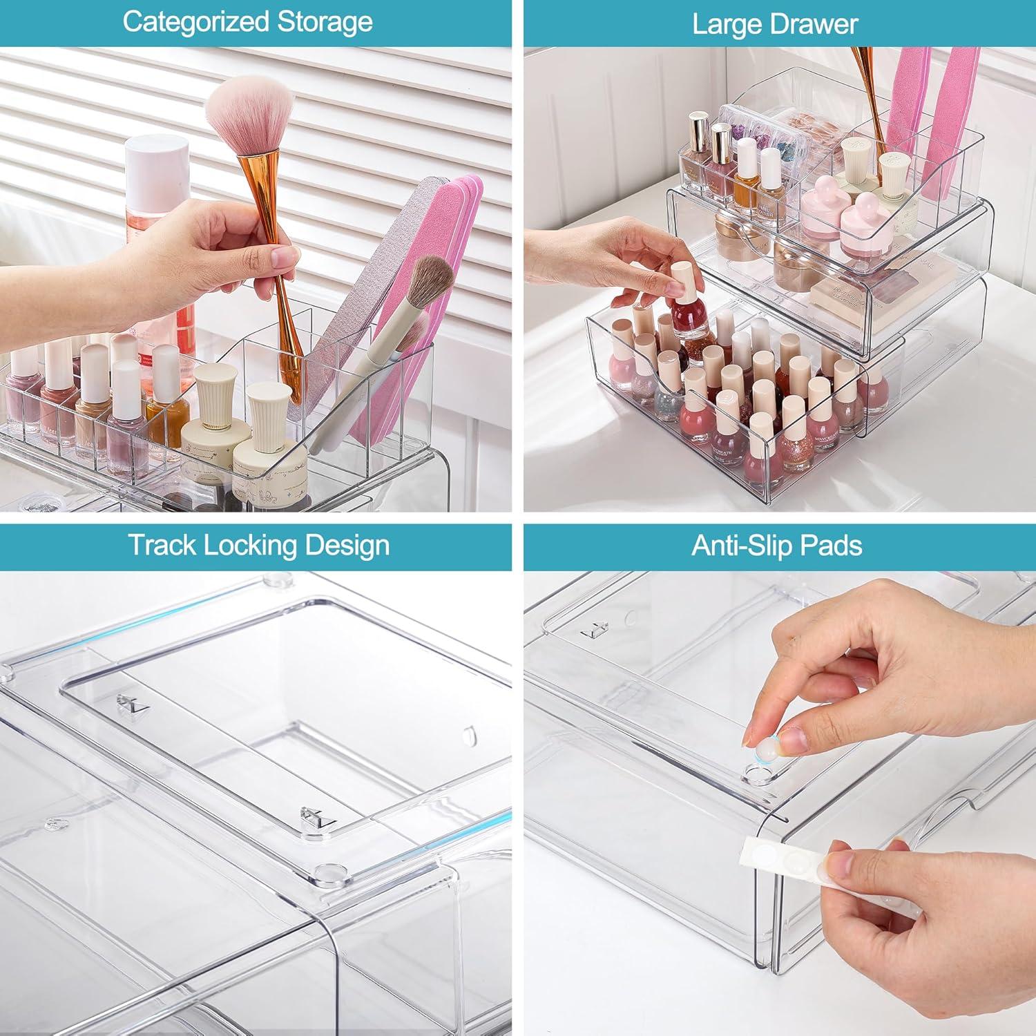 imageVtopmart 1 Tier Clear Makeup Organizer with Drawer Cosmetic Storage for Dresser Countertop and Bathroom Vanity Beauty Holder for Lipstick Brush Skincare3 Tier