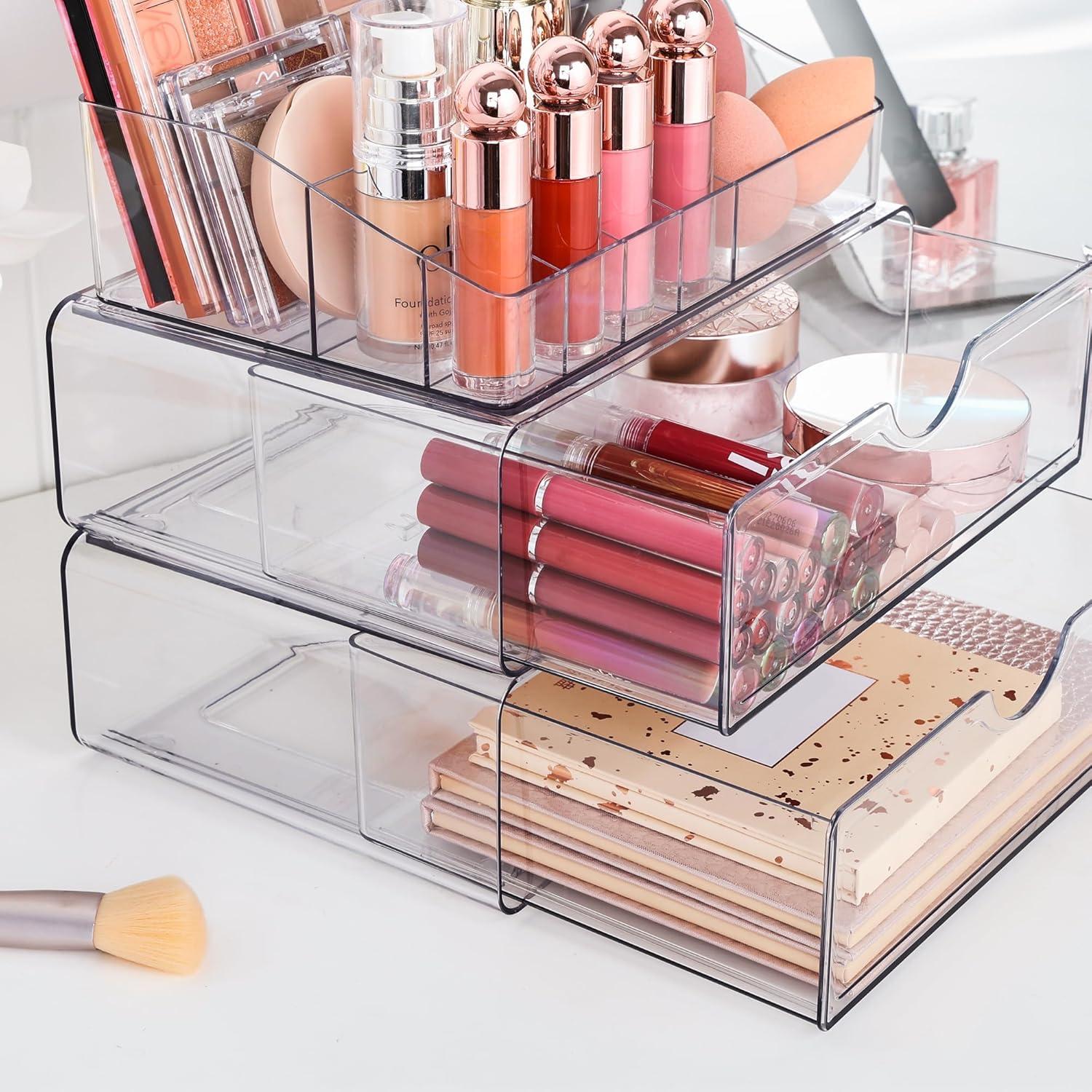 imageVtopmart 1 Tier Clear Makeup Organizer with Drawer Cosmetic Storage for Dresser Countertop and Bathroom Vanity Beauty Holder for Lipstick Brush Skincare3 Tier