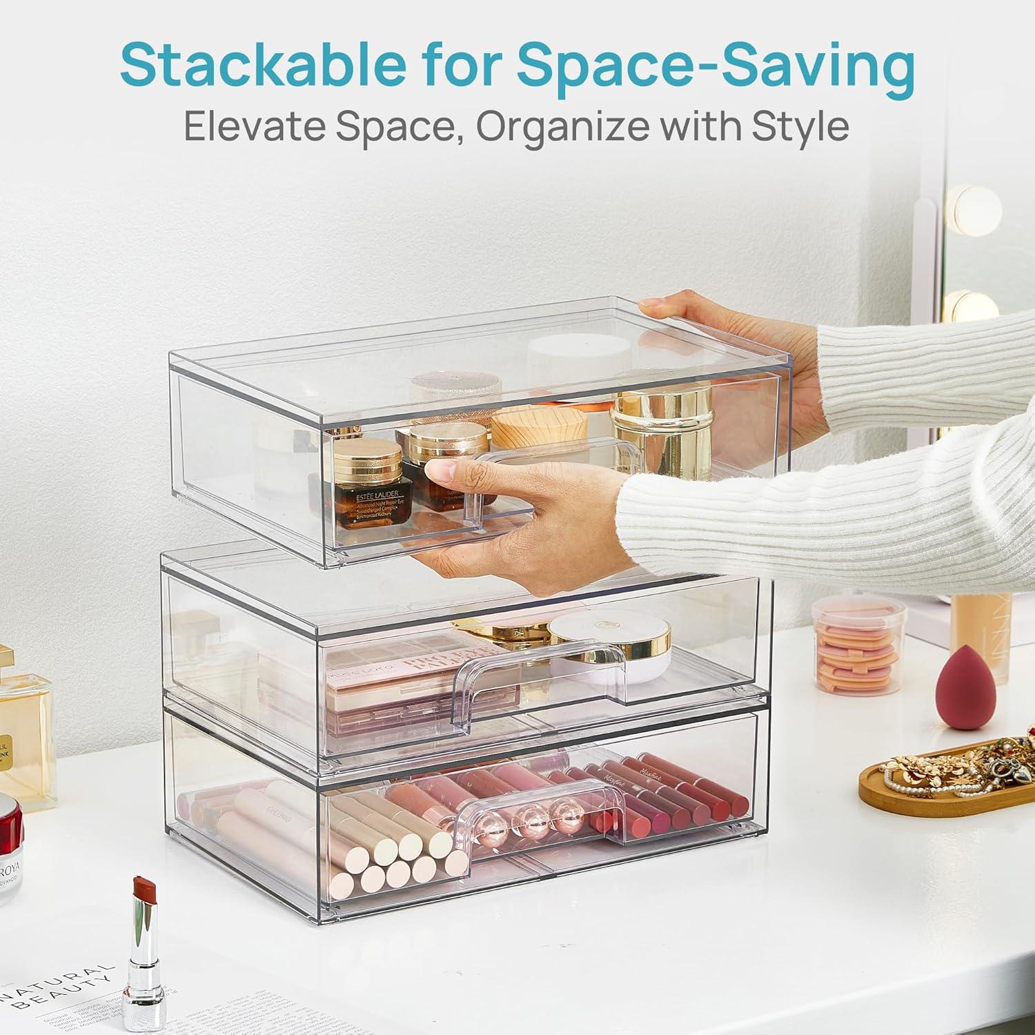 imageVtopmart 121W Clear Stackable Storage Drawers3 Pack Acrylic Plastic Organizers Bins for Makeup Palettes Cosmetics and Beauty SuppliesIdeal for Vanity BathroomCabinetDesk Organization4pack Wide