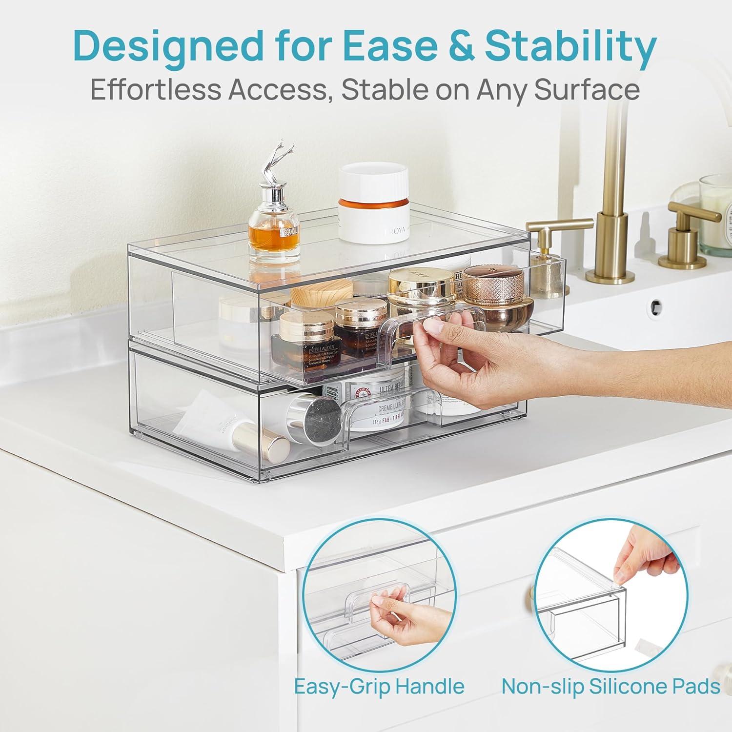 imageVtopmart 121W Clear Stackable Storage Drawers3 Pack Acrylic Plastic Organizers Bins for Makeup Palettes Cosmetics and Beauty SuppliesIdeal for Vanity BathroomCabinetDesk Organization4pack Wide
