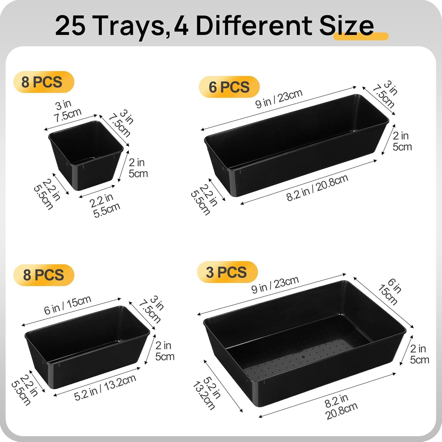 imageVtopmart 25 PCS Plastic Drawer Organizers Set 4Size Versatile Bathroom and Vanity Drawer Organizer Trays Storage Bins for Makeup Bedroom Kitchen Gadgets Utensils and OfficeBlack