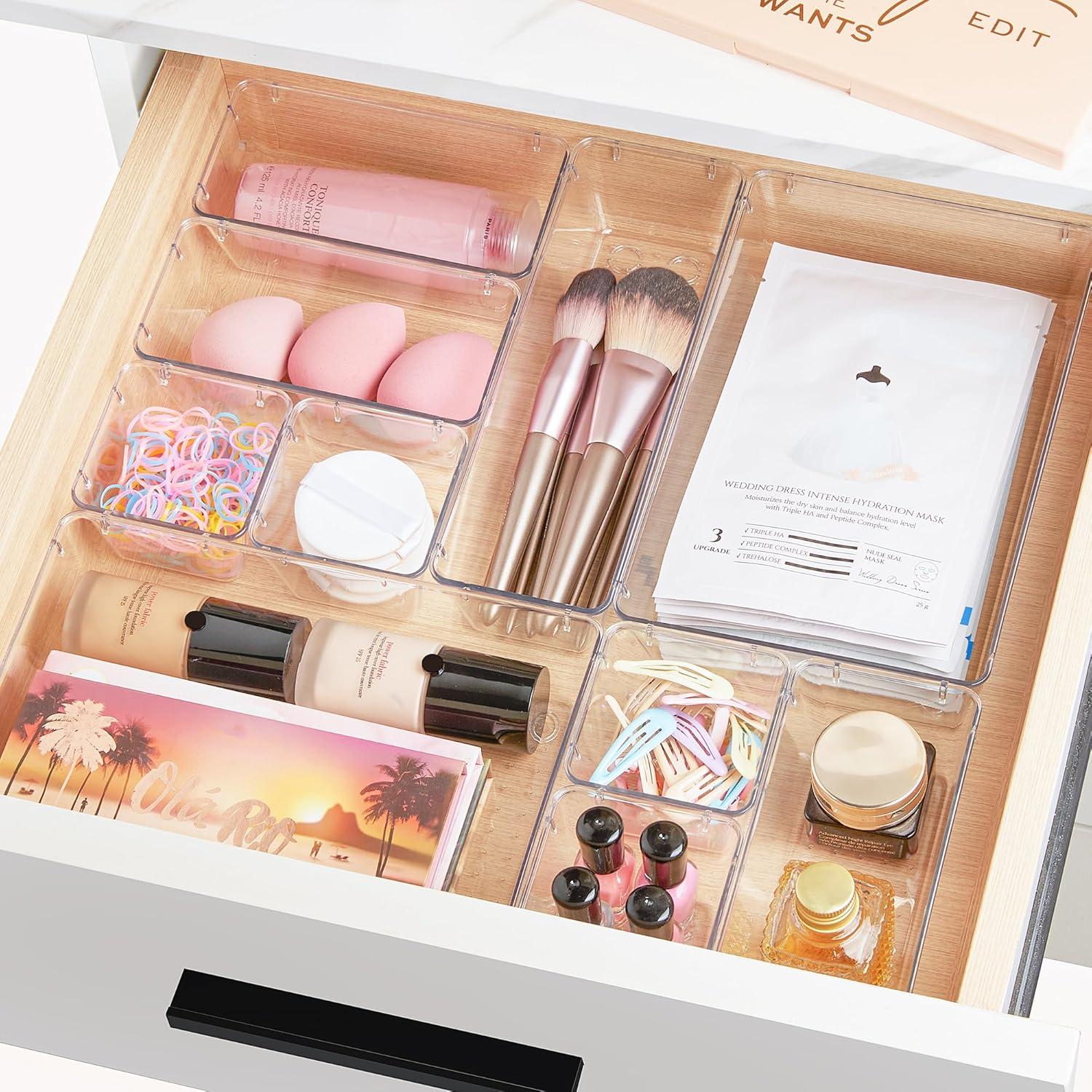 imageVtopmart 25 PCS Plastic Drawer Organizers Set 4Size Versatile Bathroom and Vanity Drawer Organizer Trays Storage Bins for Makeup Bedroom Kitchen Gadgets Utensils and OfficeClear