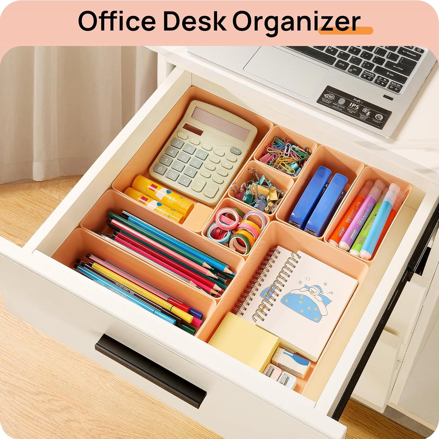 imageVtopmart 25 PCS Plastic Drawer Organizers Set 4Size Versatile Bathroom and Vanity Drawer Organizer Trays Storage Bins for Makeup Bedroom Kitchen Gadgets Utensils and OfficeOrange