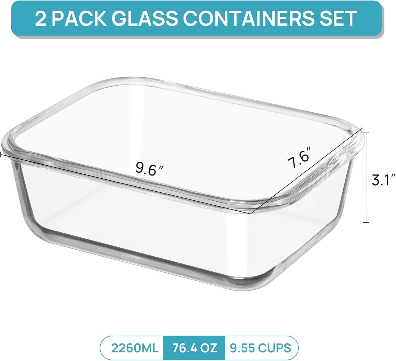 imageVtopmart 2Pack 2260ml 764oz Large Glass Containers Food Storage with Lids Meal Prep Food Container Set with Snap Airtight Lid for Baking Microwave Oven Leak Proof for Freezer Dishwasher GreenGrey