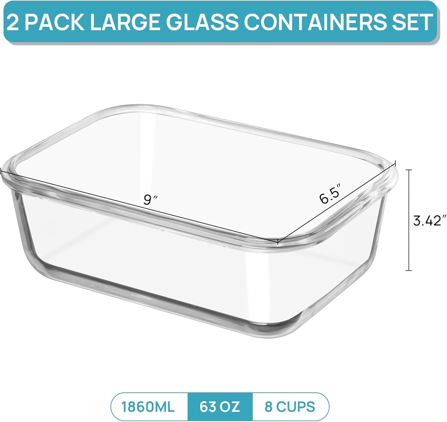 imageVtopmart 2Pack 2260ml 764oz Large Glass Containers Food Storage with Lids Meal Prep Food Container Set with Snap Airtight Lid for Baking Microwave Oven Leak Proof for Freezer Dishwasher GreenGreen