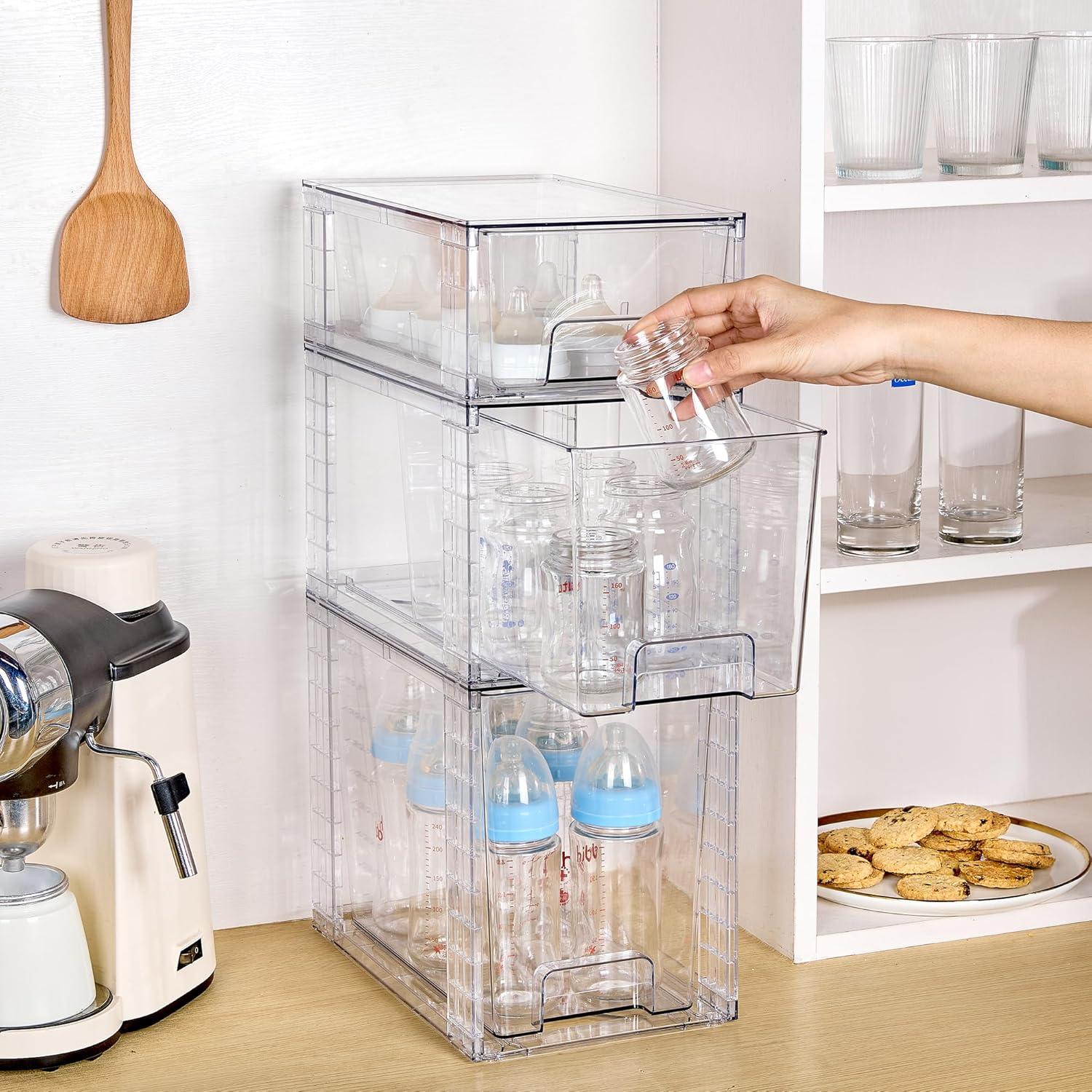 imageVtopmart 3 Pack Clear Stackable Storage DrawersEasy to Assemble Bathroom Organizers and Storage with handlesPlastic Drawers for Kitchen PantryCabinetUnder Sink Organization2 Large2 Medium2 Small