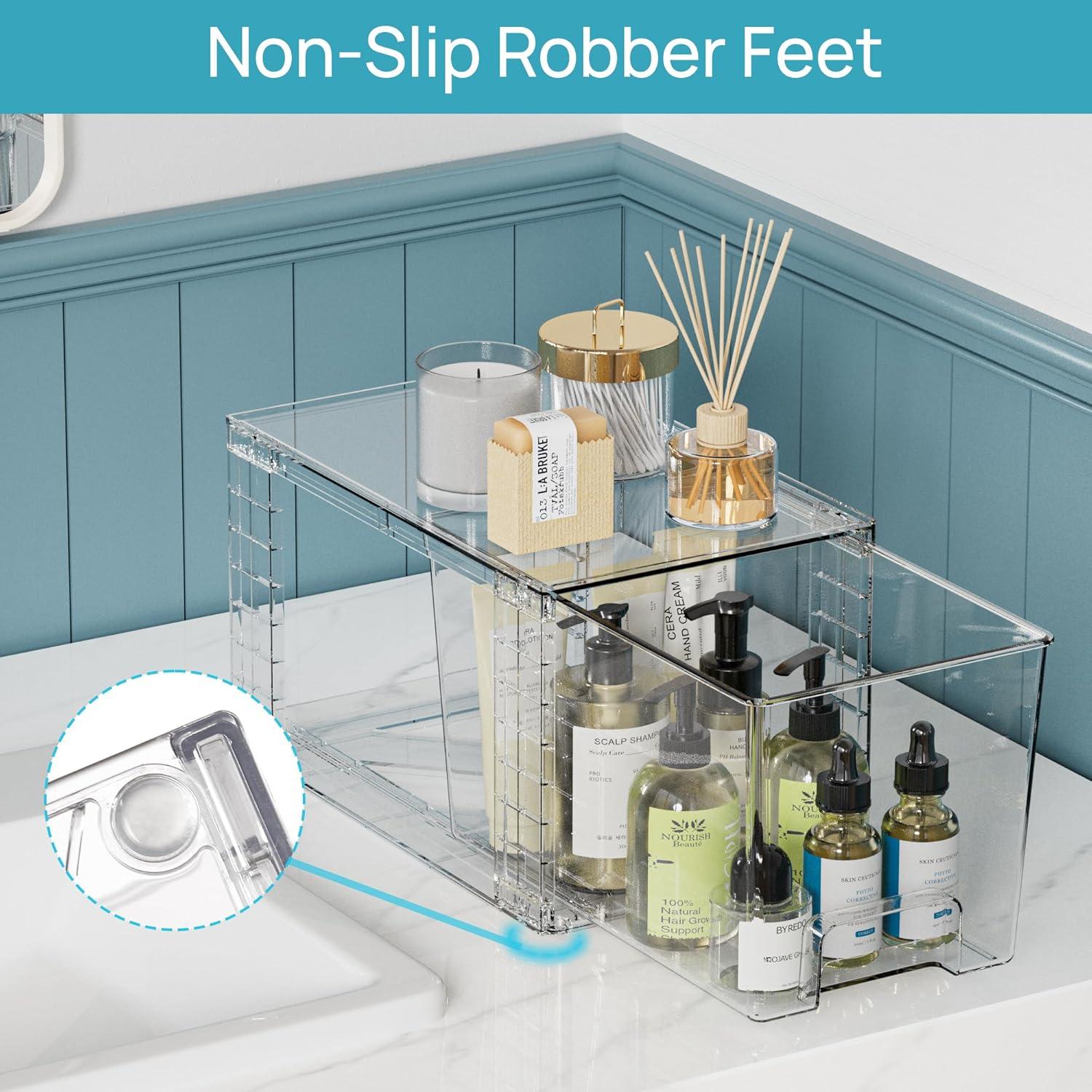 imageVtopmart 3 Pack Clear Stackable Storage DrawersEasy to Assemble Bathroom Organizers and Storage with handlesPlastic Drawers for Kitchen PantryCabinetUnder Sink Organization2 Large2 Medium2 Small