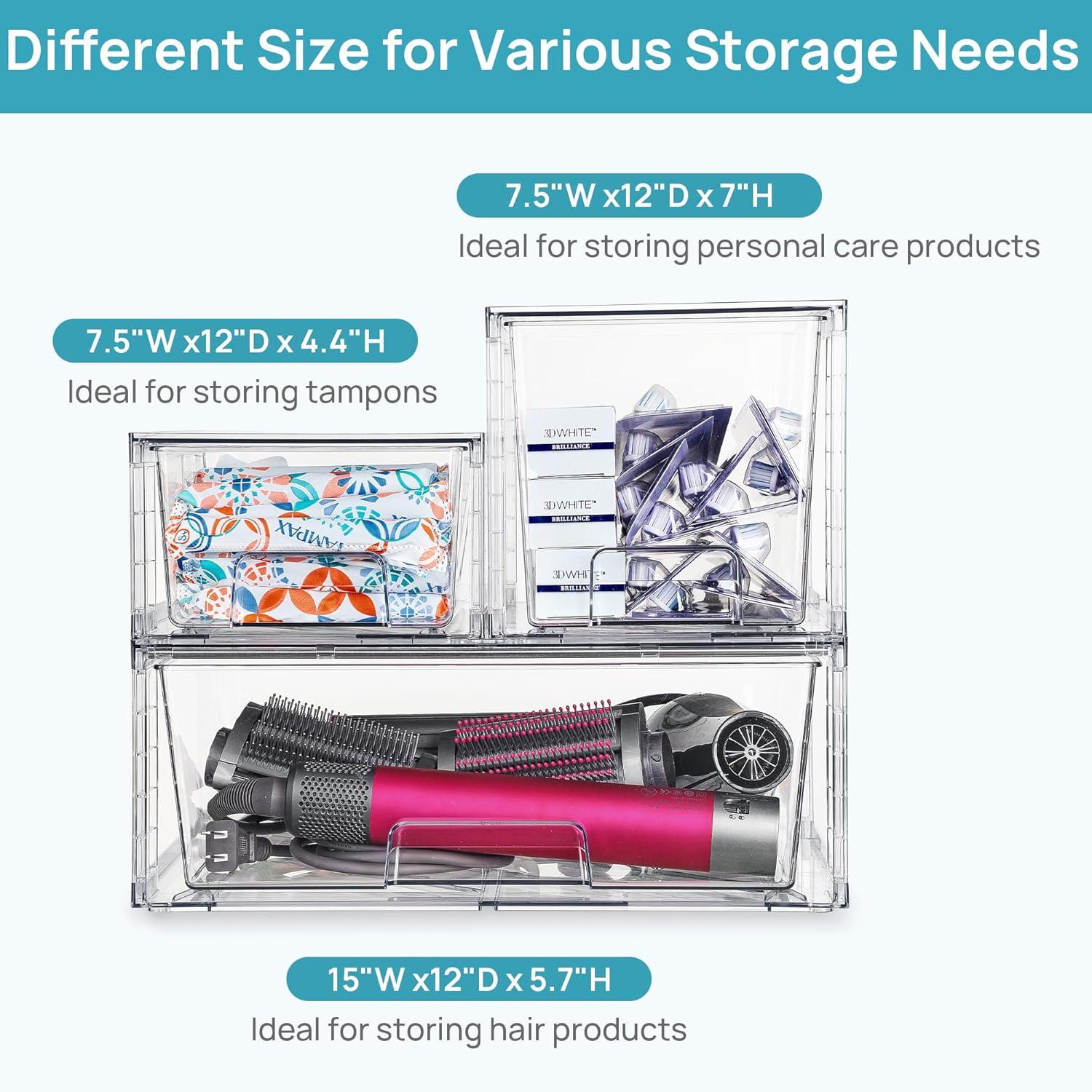 imageVtopmart 3 Pack Clear Stackable Storage DrawersEasy to Assemble Bathroom Organizers and Storage with handlesPlastic Drawers for Kitchen PantryCabinetUnder Sink Organization1 Wide2 Medium2 Small