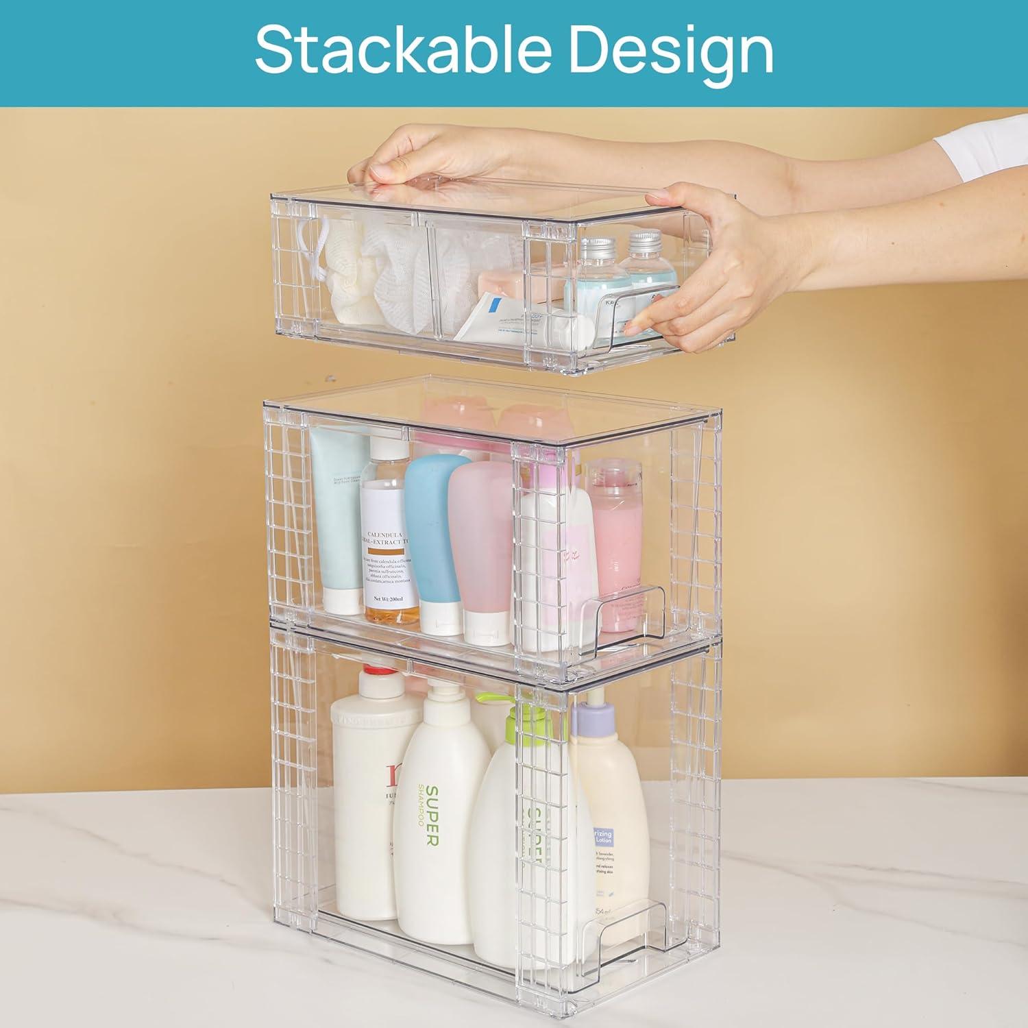 imageVtopmart 3 Pack Clear Stackable Storage DrawersEasy to Assemble Bathroom Organizers and Storage with handlesPlastic Drawers for Kitchen PantryCabinetUnder Sink Organization2 Large2 Medium2 Small