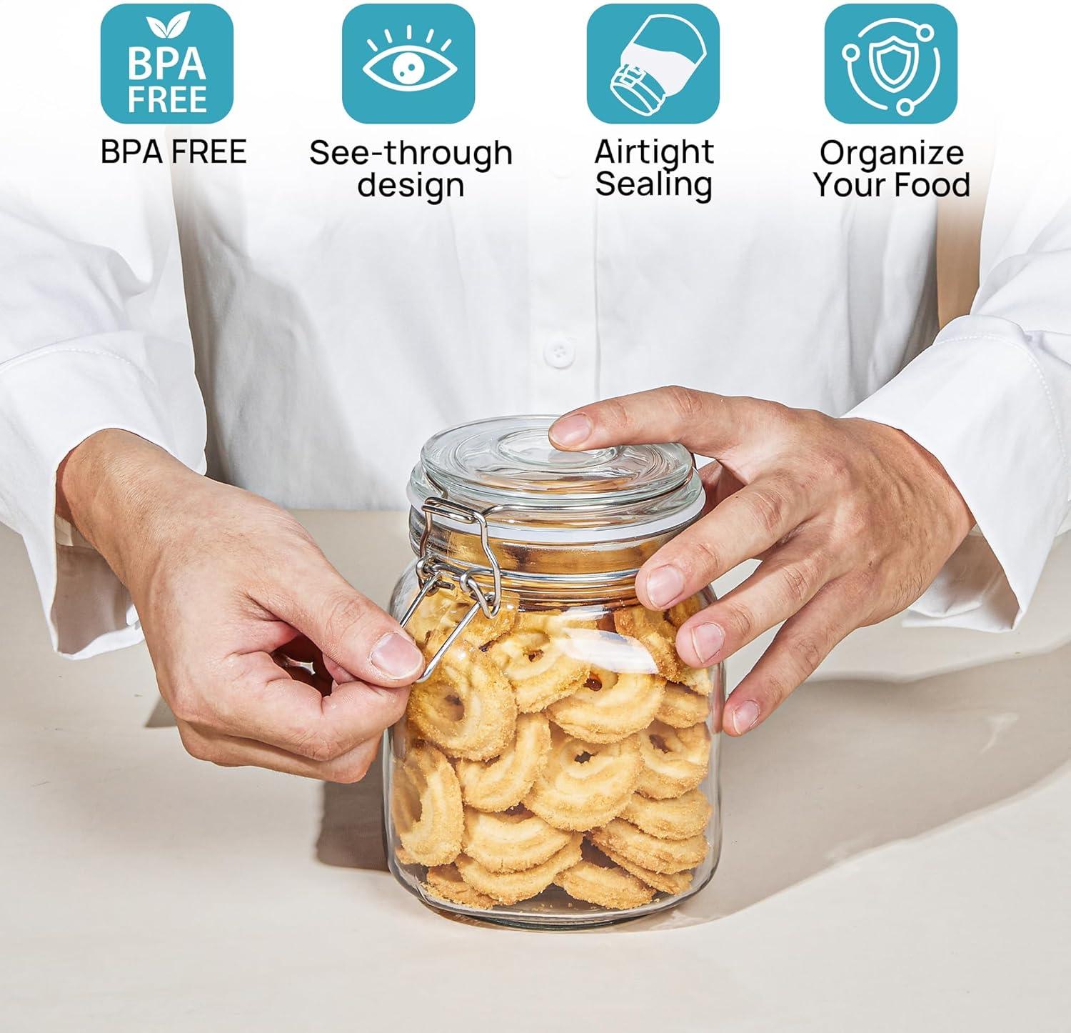 imageVtopmart 34oz Glass Food Storage Jars with Airtight Clamp Lids 3 Pack Kitchen Canisters for Flour Cereal Coffee Pasta and Canning Square Mason Jar with 8 Chalkboard Labels3pack34ozRound
