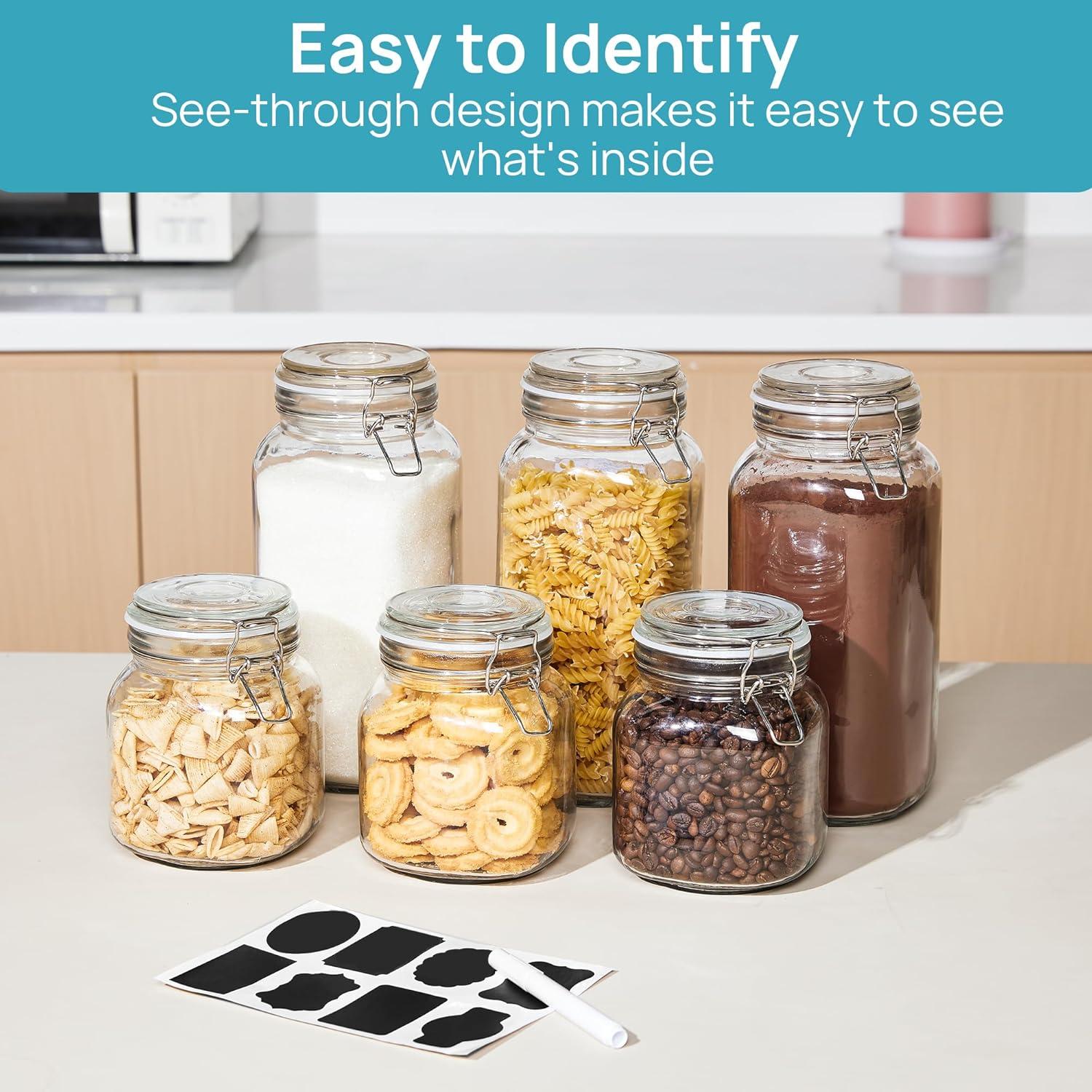 imageVtopmart 34oz Glass Food Storage Jars with Airtight Clamp Lids 3 Pack Kitchen Canisters for Flour Cereal Coffee Pasta and Canning Square Mason Jar with 8 Chalkboard Labels3pack78ozSquare