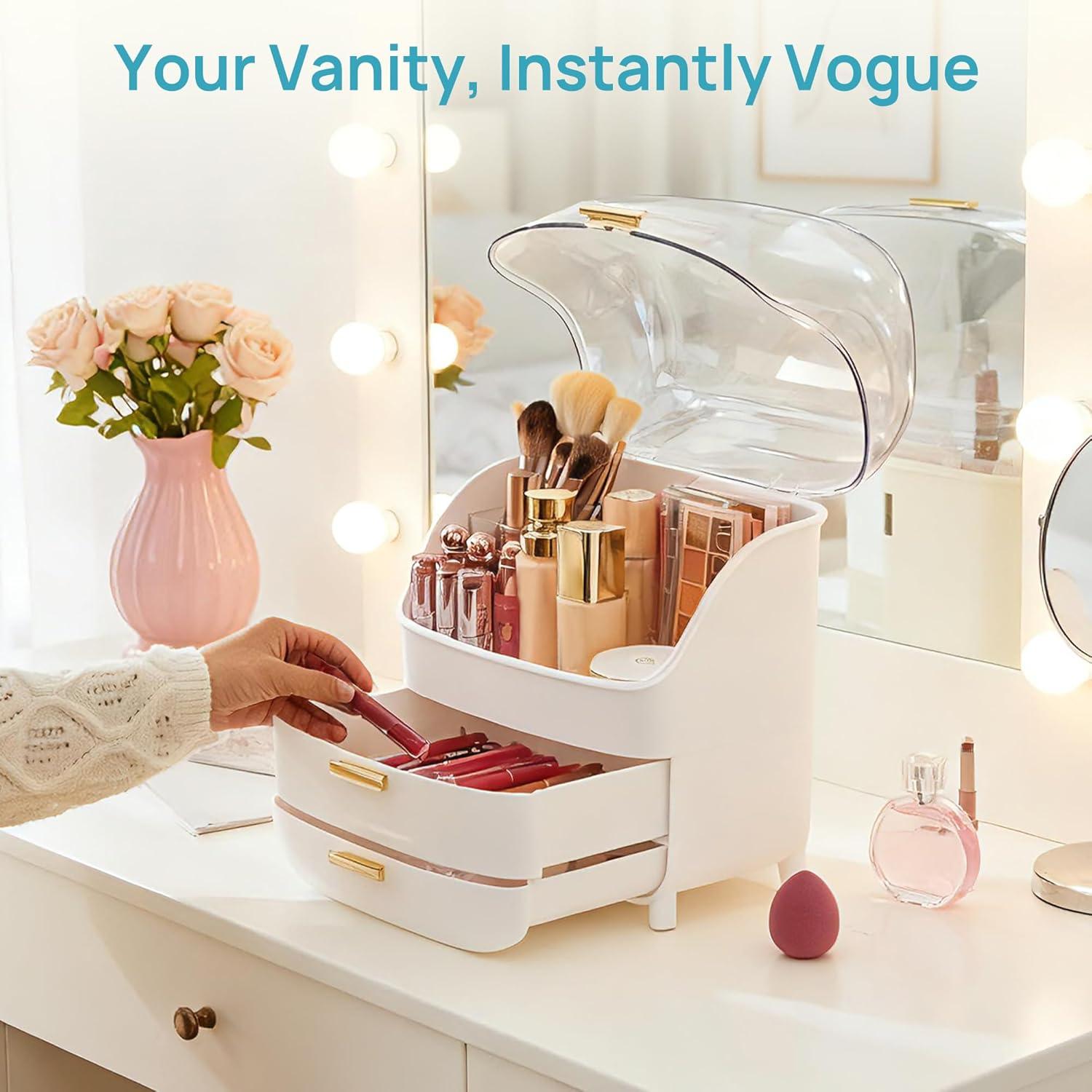 imageVtopmart 3Tier Skincare Makeup Organizer with Drawers for Vanity and Bathroom Countertop Large Cosmetic Storage Box Case for Dresser with NonSlip Basewith Lids