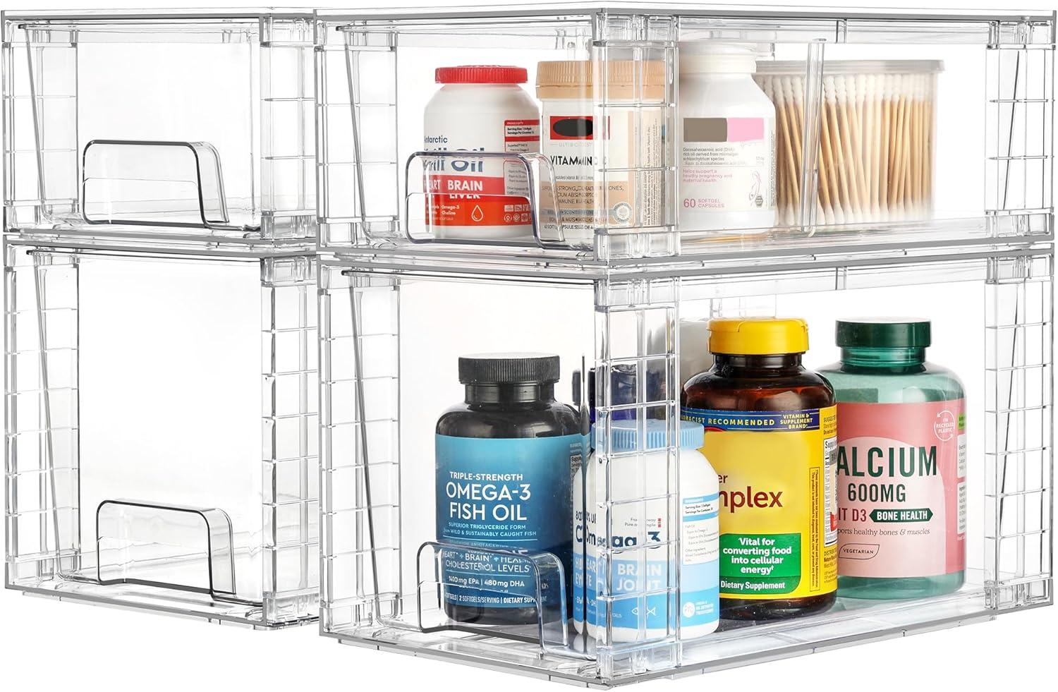 imageVtopmart 4 Pack Clear Stackable Storage DrawersUnder Sink and Kitchen Organizers StorageEasy to Assemble Plastic Drawers for Baby BottleMedicine BathroomCabinet and Pantry Organization8