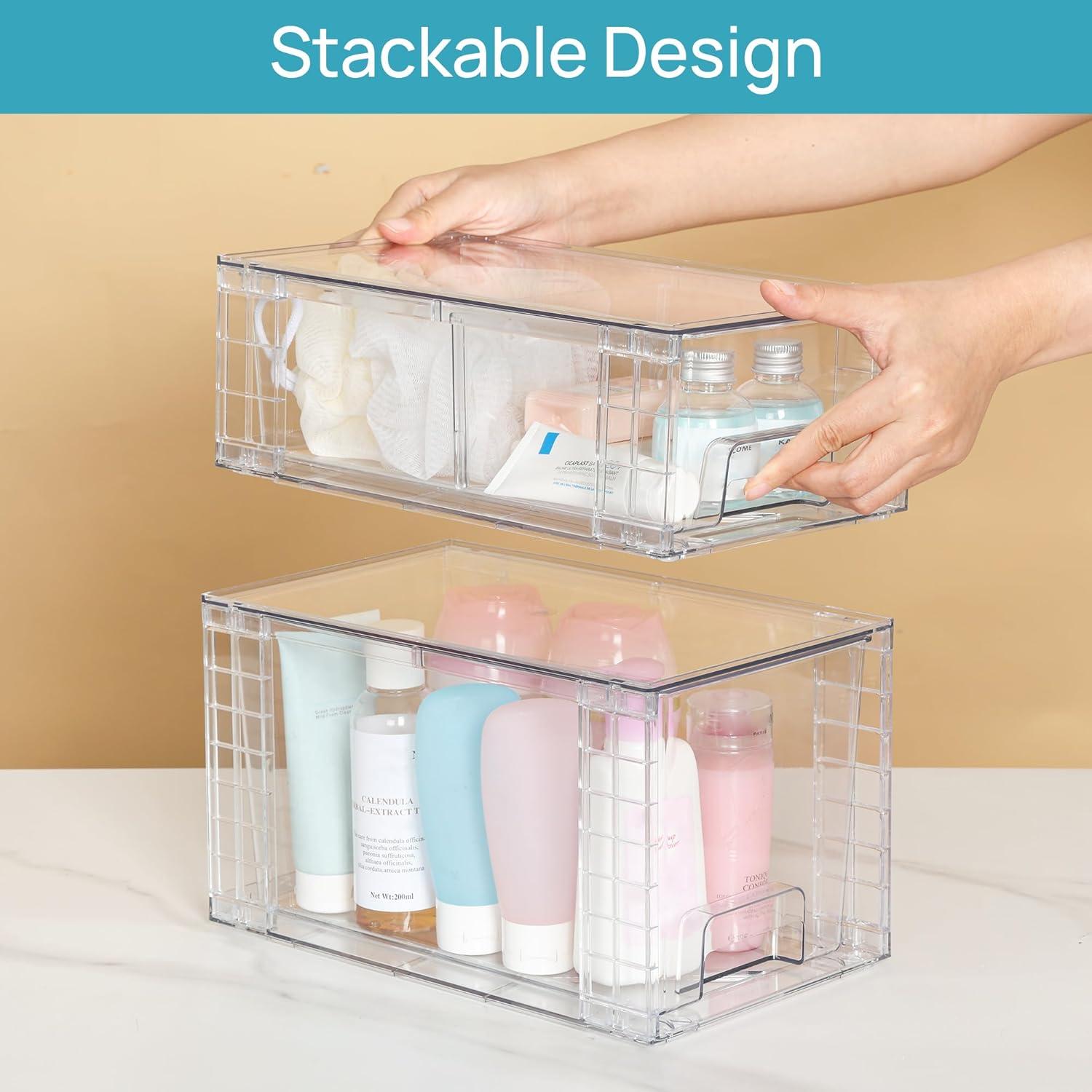 imageVtopmart 4 Pack Clear Stackable Storage DrawersUnder Sink and Kitchen Organizers StorageEasy to Assemble Plastic Drawers for Baby BottleMedicine BathroomCabinet and Pantry Organization6