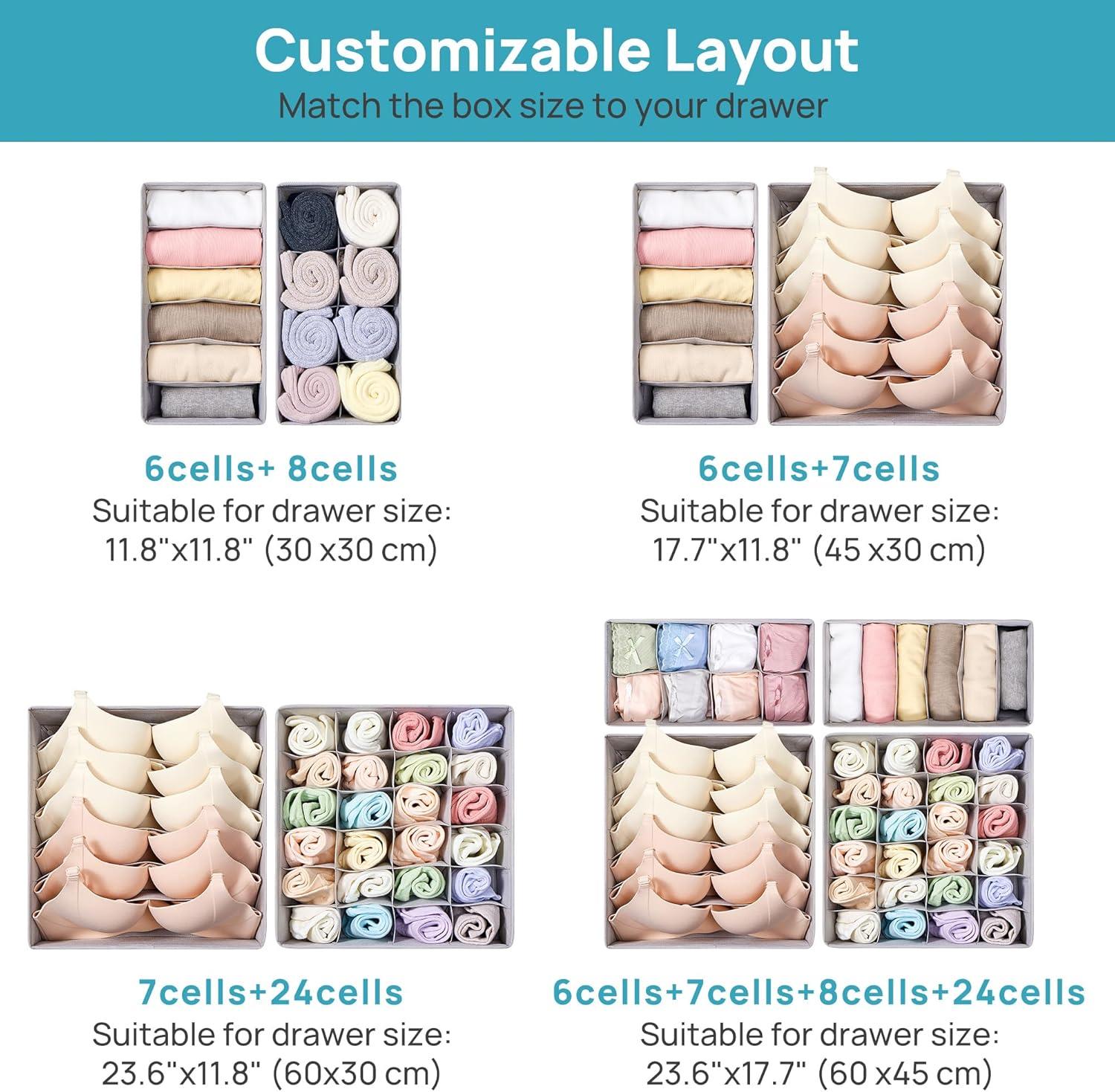imageVtopmart 4 Pack Underwear Drawer Organizers Set 67824 Cells Clothes Drawer Dividers Dresser Organizers Bins for Socks Bras Scarves Ties NonWoven Fabric Storage Boxes for Closet Nursery4 Pack 67824 Cells
