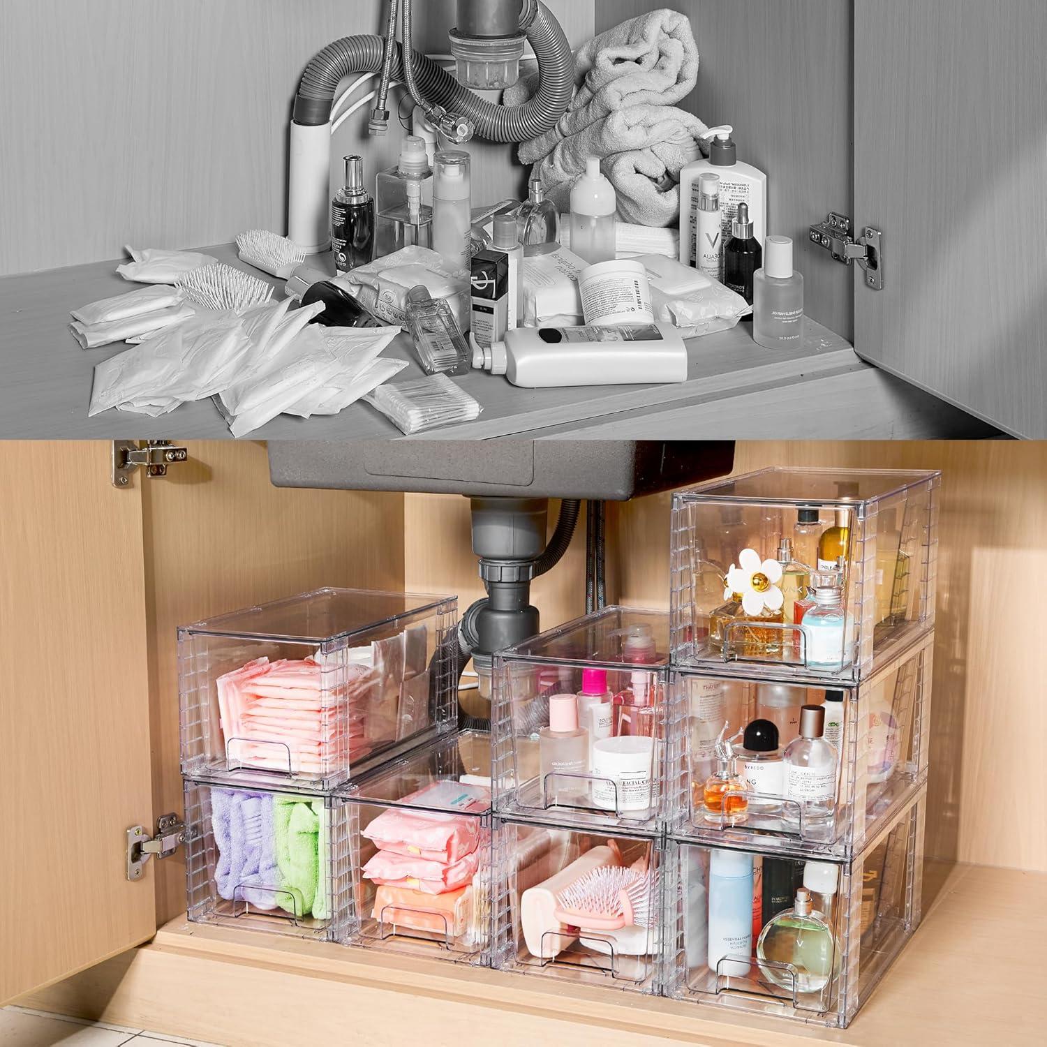 imageVtopmart 4Pack Large Stackable Kitchen Pantry Storage Drawers Clear Organizer Bins with Handles Acrylic Drawer Organizers for Kitchen Pantry Bathroom Undersink Cabinet Organization and Storage4Pack 7H