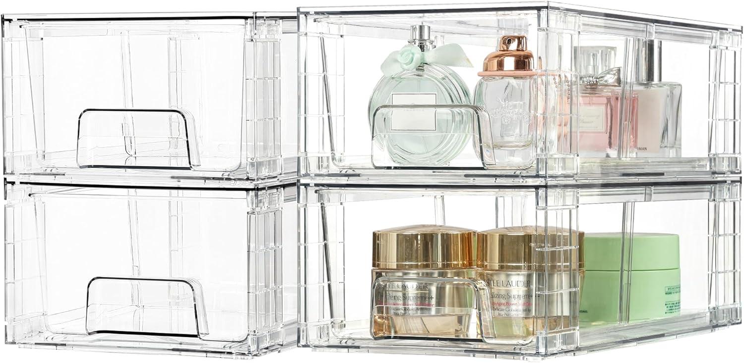 imageVtopmart 4Pack Large Stackable Kitchen Pantry Storage Drawers Clear Organizer Bins with Handles Acrylic Drawer Organizers for Kitchen Pantry Bathroom Undersink Cabinet Organization and Storage8Pack 44Hwith Dividers