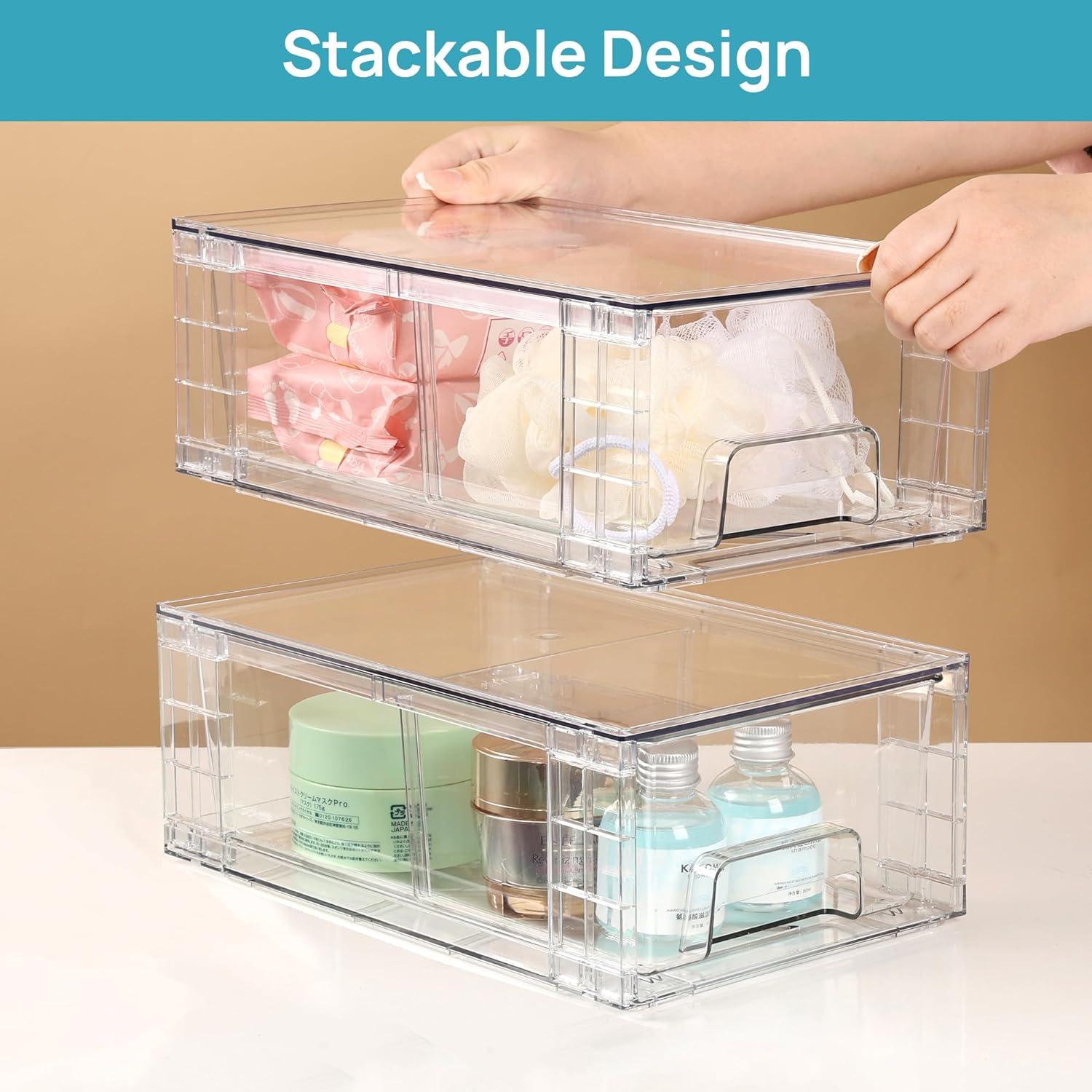 imageVtopmart 4Pack Large Stackable Kitchen Pantry Storage Drawers Clear Organizer Bins with Handles Acrylic Drawer Organizers for Kitchen Pantry Bathroom Undersink Cabinet Organization and Storage8Pack 44Hwith Dividers