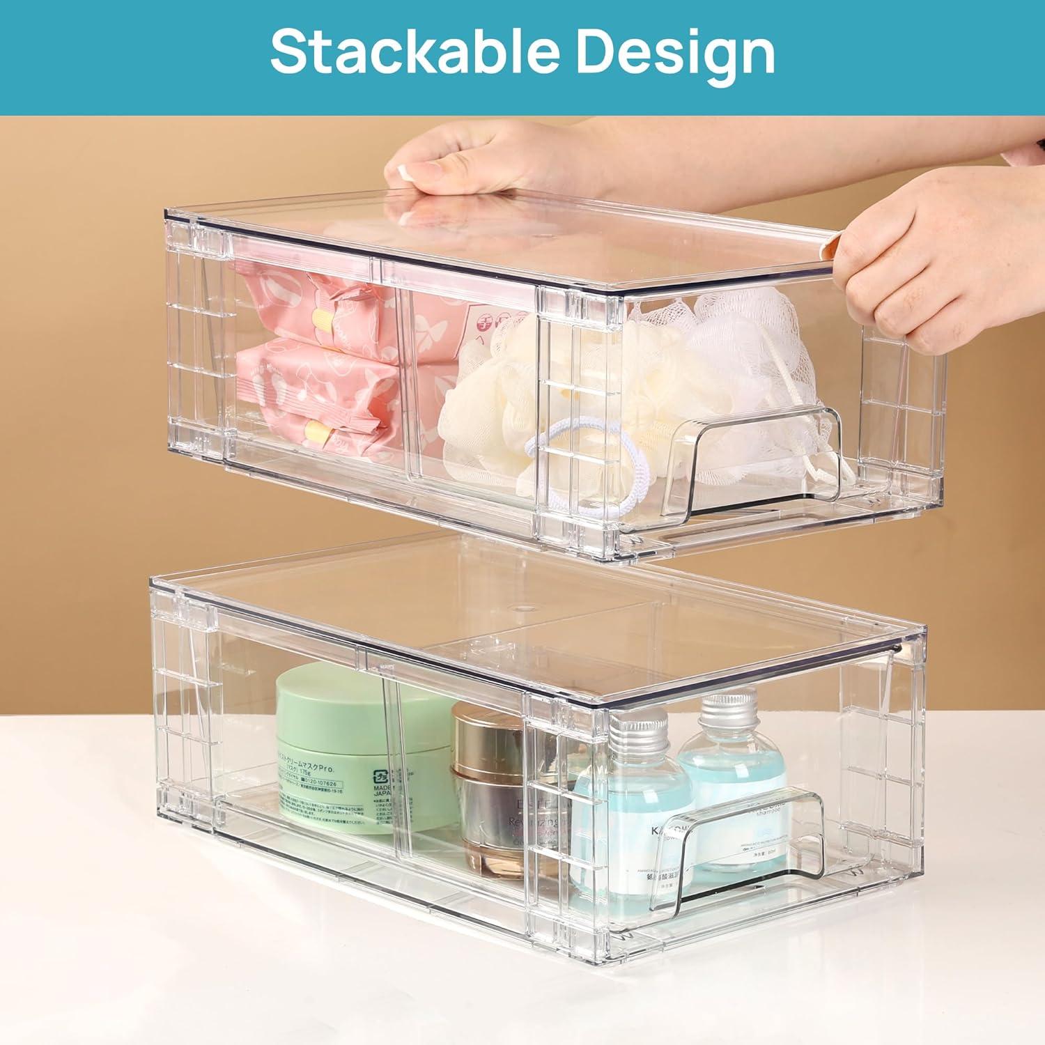 imageVtopmart 4Pack Large Stackable Kitchen Pantry Storage Drawers Clear Organizer Bins with Handles Acrylic Drawer Organizers for Kitchen Pantry Bathroom Undersink Cabinet Organization and Storage4Pack 44Hwith Dividers