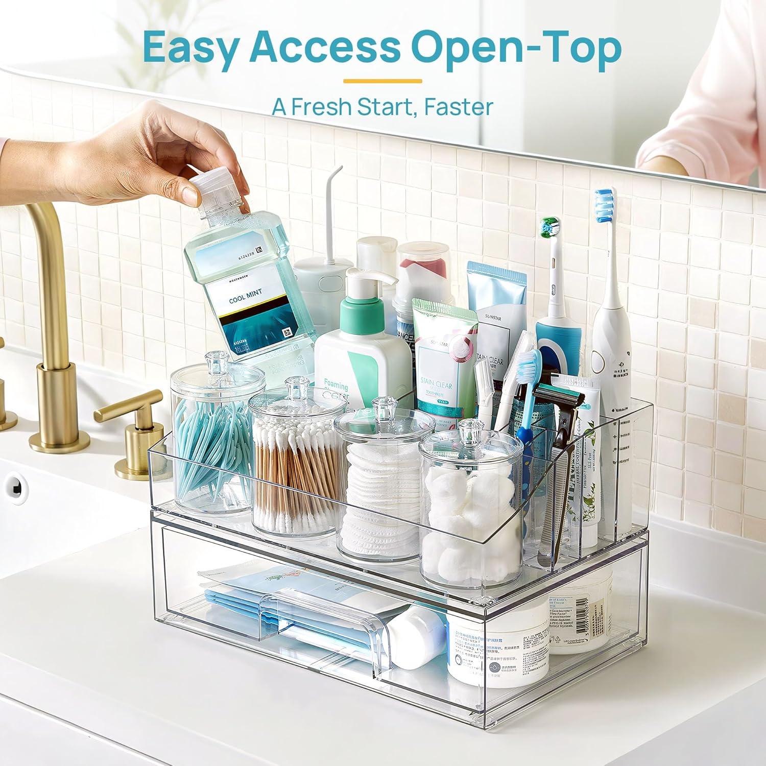 imageVtopmart 5 PCS Bathroom Countertop Organizer 1 Divided Tray with 4 Qtip Holder Jars Restroom Clear Organizers for Toothbrush Cotton Pads Balls Floss Bathroom Vanity Accessories Storage SetClear