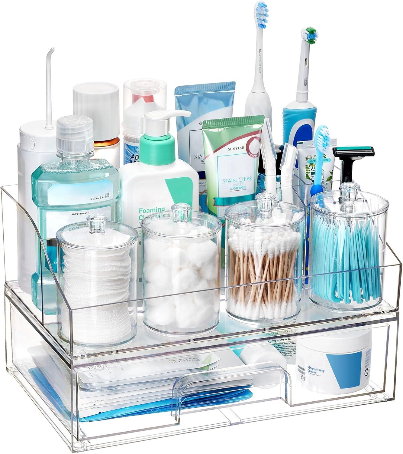 imageVtopmart 5 PCS Bathroom Countertop Organizer 1 Divided Tray with 4 Qtip Holder Jars Restroom Clear Organizers for Toothbrush Cotton Pads Balls Floss Bathroom Vanity Accessories Storage SetClear