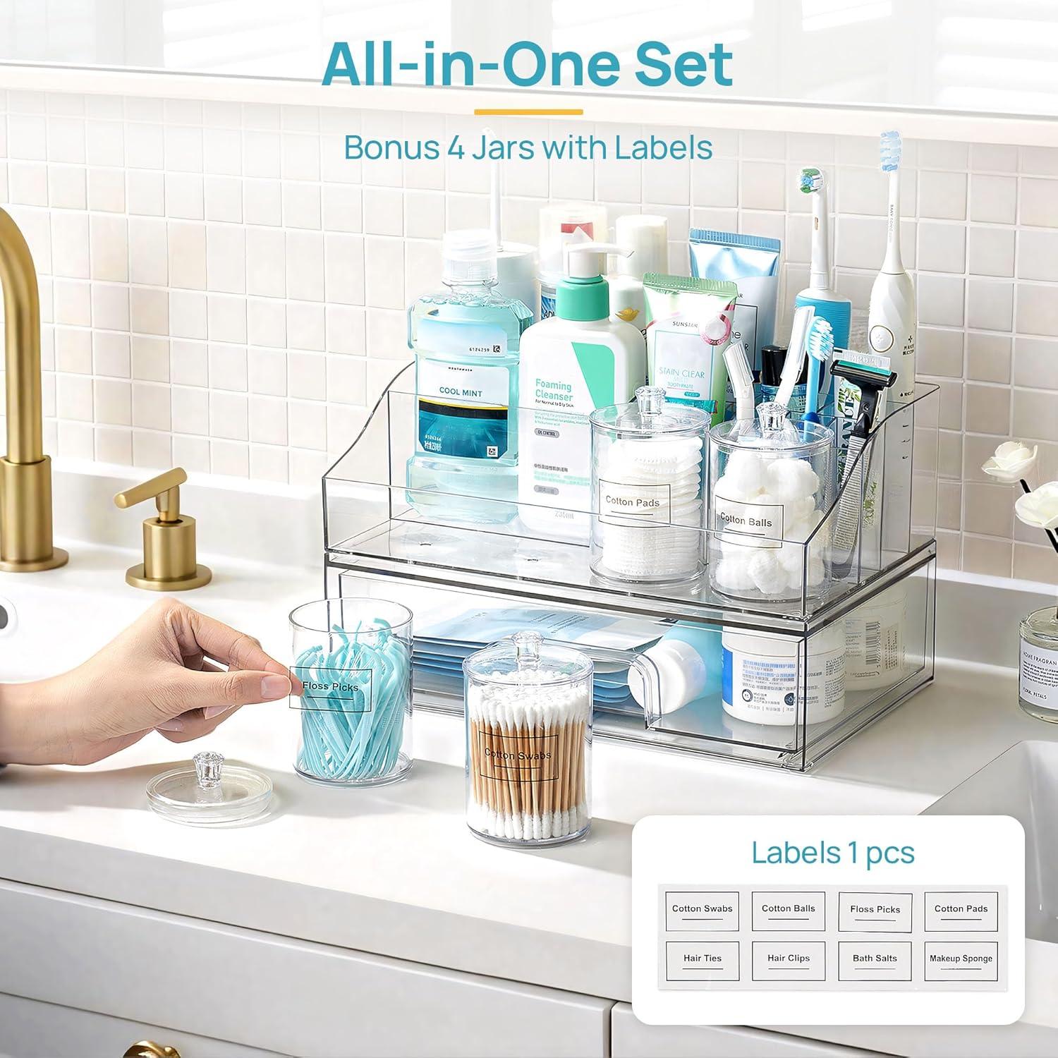 imageVtopmart 5 PCS Bathroom Countertop Organizer 1 Divided Tray with 4 Qtip Holder Jars Restroom Clear Organizers for Toothbrush Cotton Pads Balls Floss Bathroom Vanity Accessories Storage SetClear