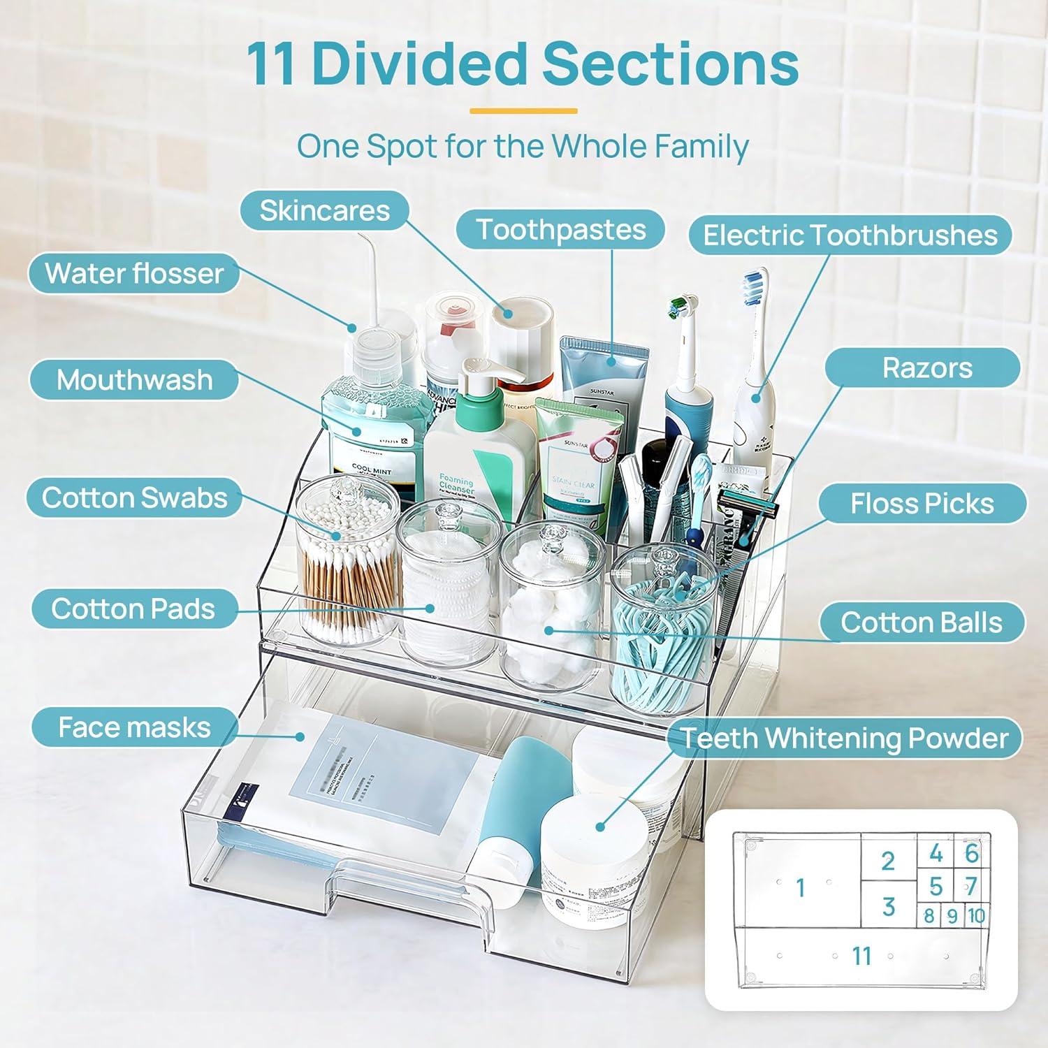 imageVtopmart 5 PCS Bathroom Countertop Organizer 1 Divided Tray with 4 Qtip Holder Jars Restroom Clear Organizers for Toothbrush Cotton Pads Balls Floss Bathroom Vanity Accessories Storage SetClear