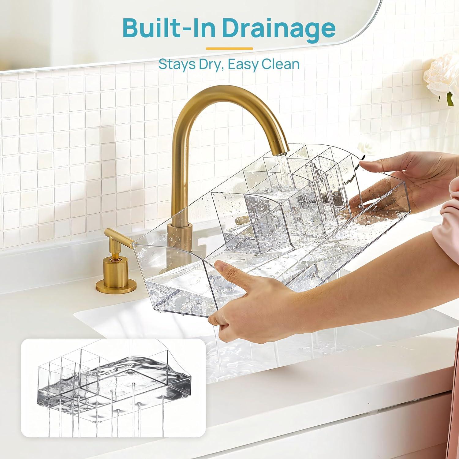 imageVtopmart 5 PCS Bathroom Countertop Organizer 1 Divided Tray with 4 Qtip Holder Jars Restroom Clear Organizers for Toothbrush Cotton Pads Balls Floss Bathroom Vanity Accessories Storage SetClear