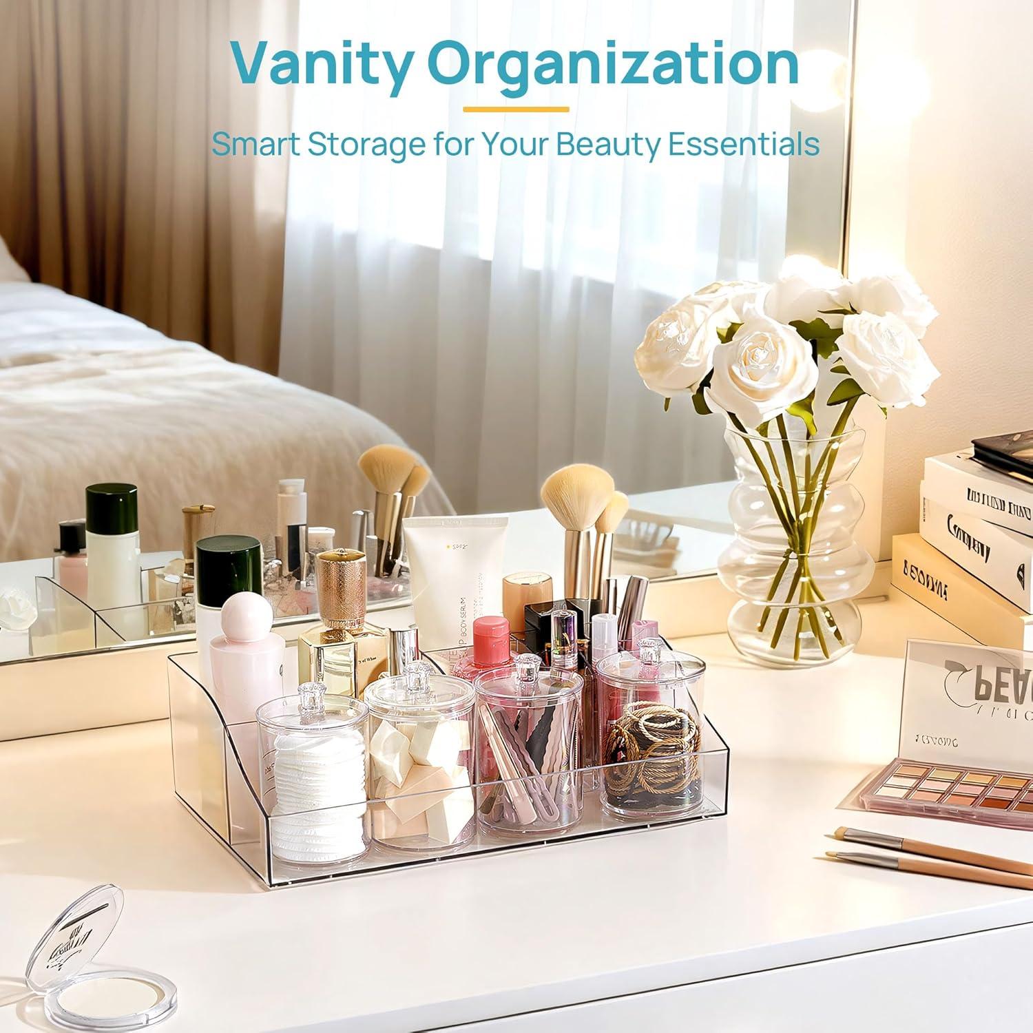 imageVtopmart 5 PCS Bathroom Countertop Organizer 1 Divided Tray with 4 Qtip Holder Jars Restroom Clear Organizers for Toothbrush Cotton Pads Balls Floss Bathroom Vanity Accessories Storage SetClear