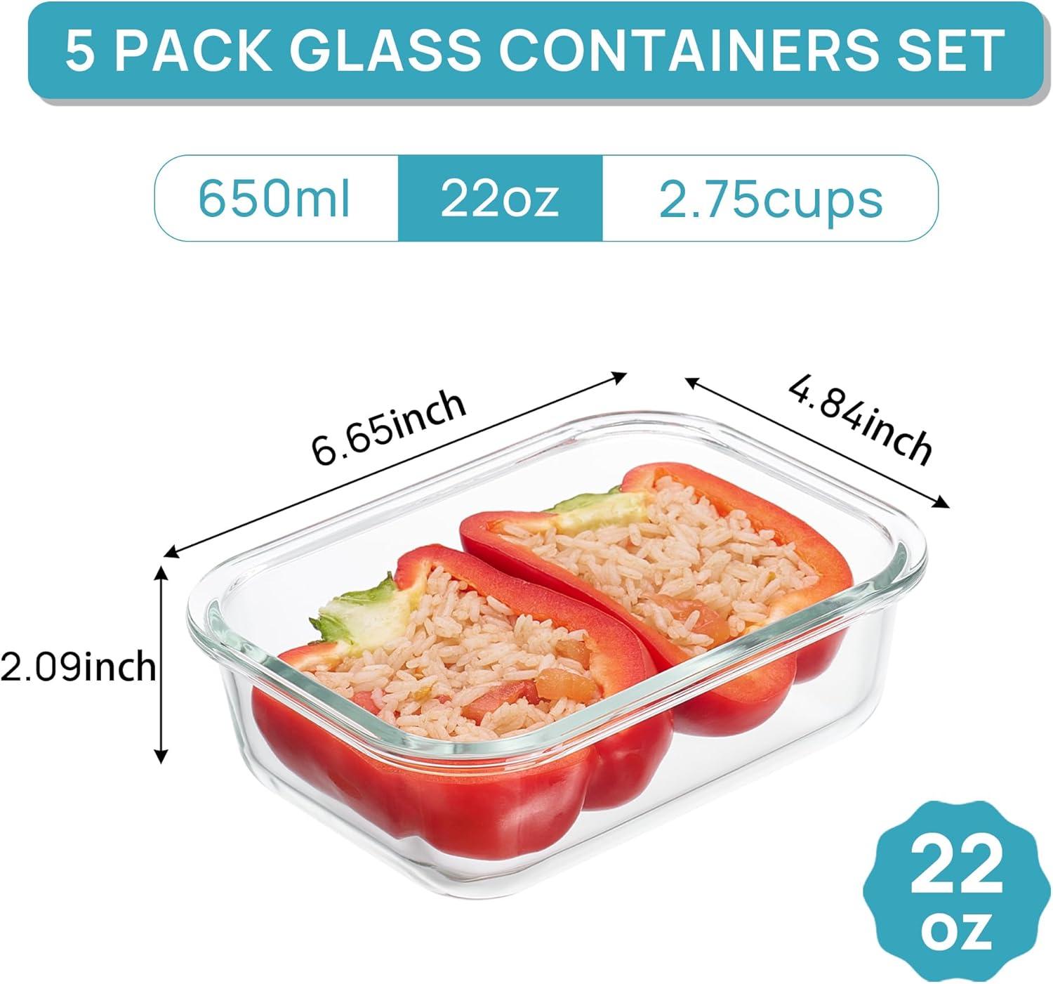 imageVtopmart 5Pack 22oz Glass Storage Containers with Lids Glass Meal Prep Food Container Sets with Snap Airtight Lids for Microwave Oven Freezer and Dishwasher GreyGrey