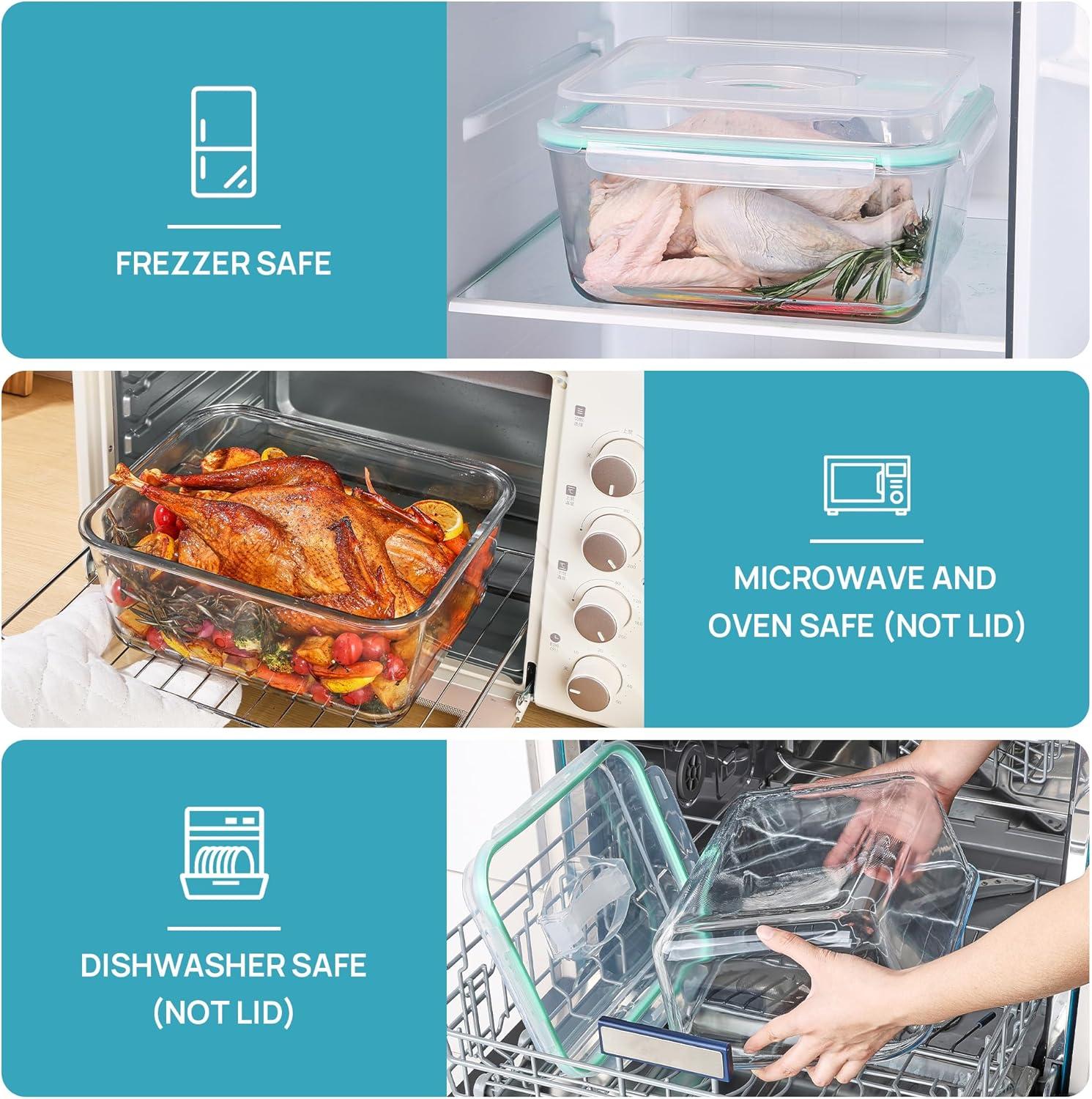 imageVtopmart 65L 220oz 275cup Extra Large Glass Food Storage Containers with Snap Airtight Lids for Roasting Turkey Chicken Baking Casserole Fruits Party BPA Free Oven Safe Freezer Dishwasher