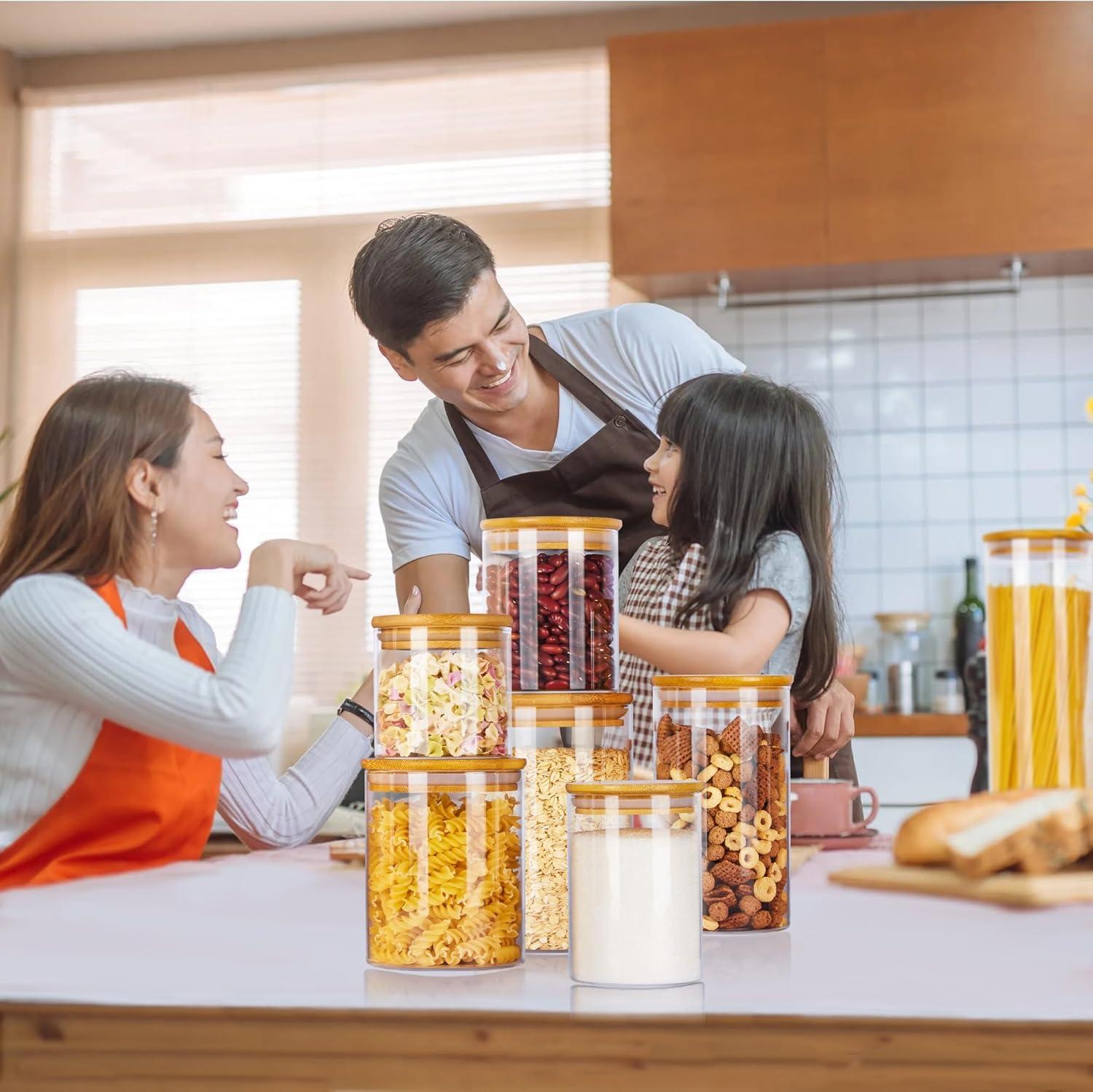 imageVtopmart 70oz Glass Food Storage Jars 3 Pack Large Kitchen Containers with Airtight Bamboo Lids for Pasta Nuts Flour Canisters Set for Cereal Pantry Organization BPA Free7 Pack 15 oz 74 oz