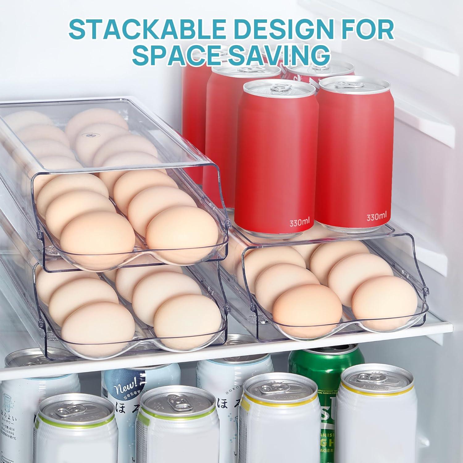 imageVtopmart Clear Plastic Egg Holder for Fridge Automatic Rolling Egg Container for Refrigerator Stackable 14Count Eggs Organizer with Removable Inner Tray Fridge Organizers and Storage 2Pack2