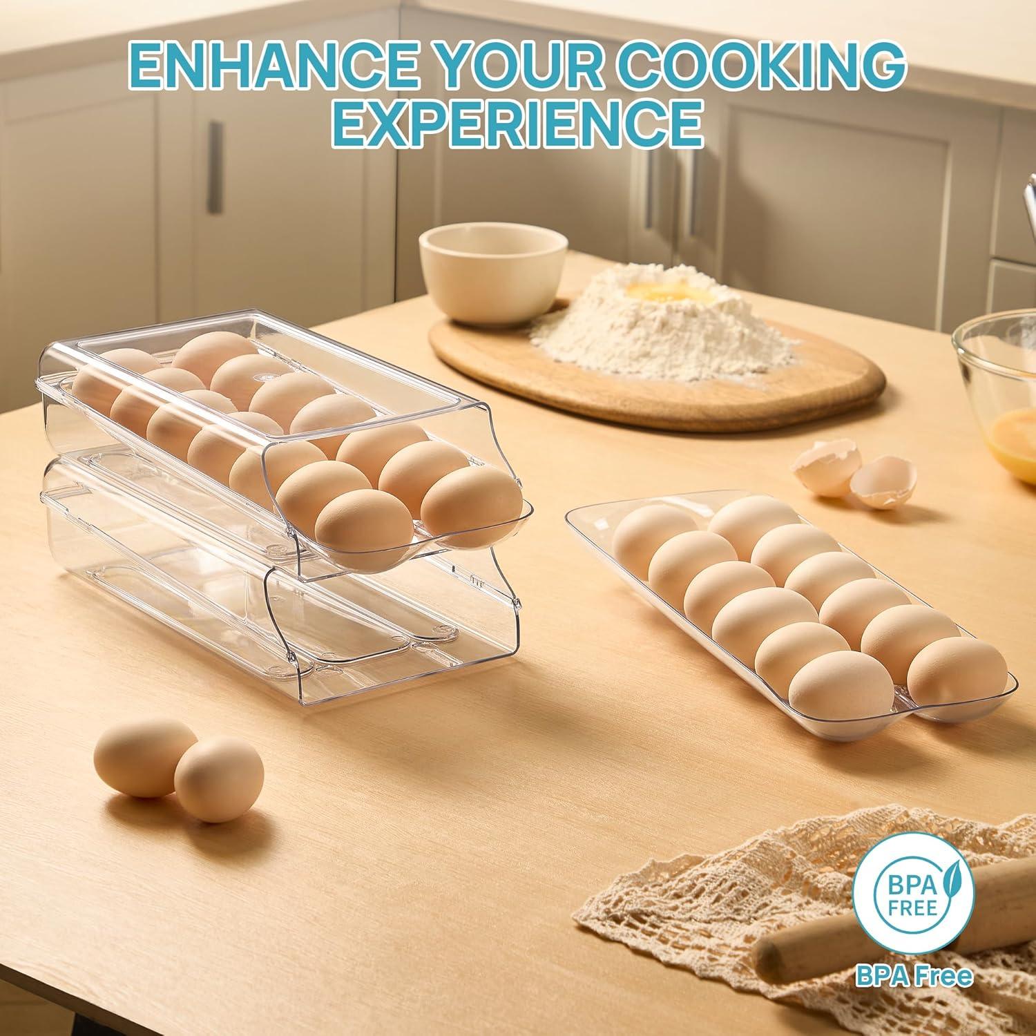 imageVtopmart Clear Plastic Egg Holder for Fridge Automatic Rolling Egg Container for Refrigerator Stackable 14Count Eggs Organizer with Removable Inner Tray Fridge Organizers and Storage 2Pack2