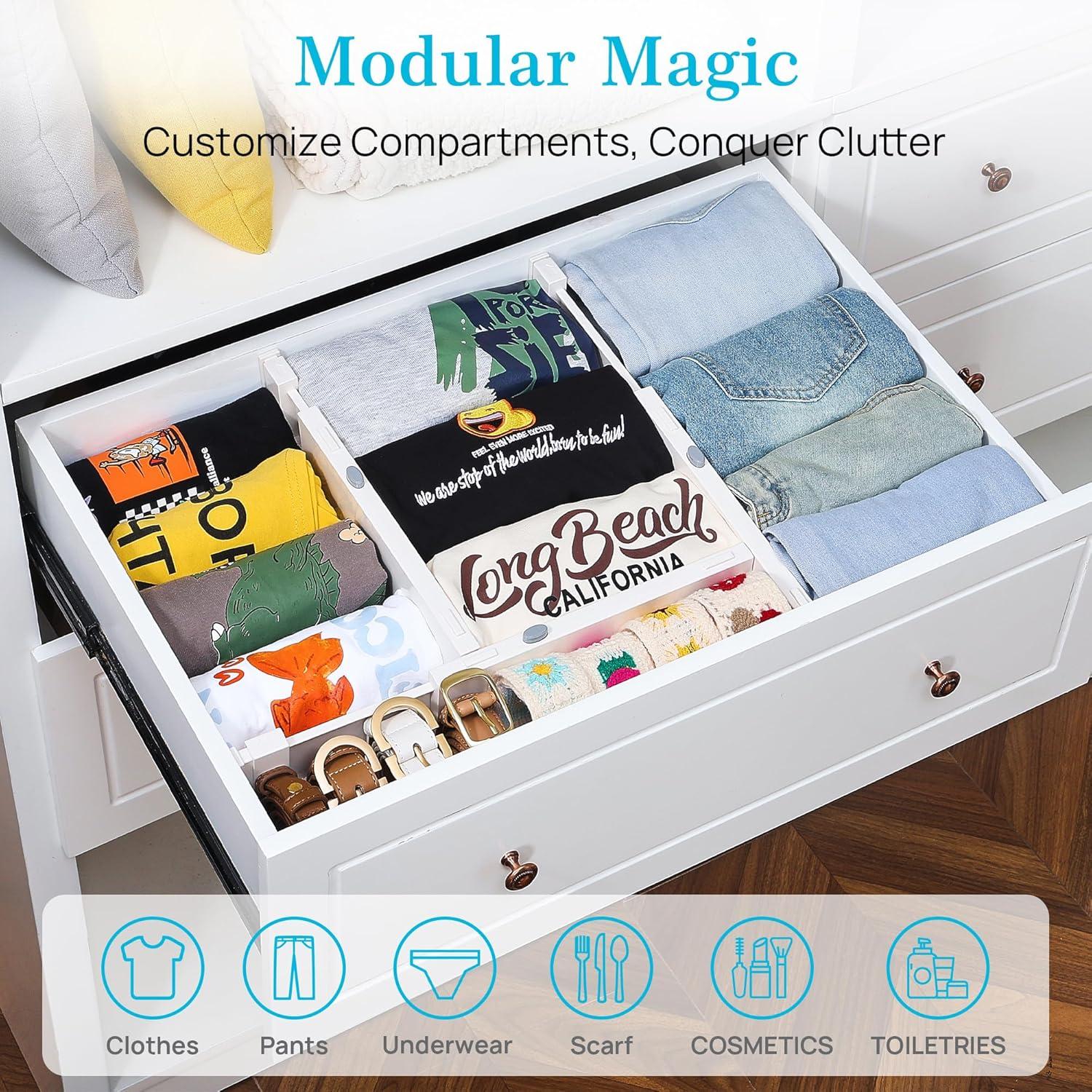 imageVtopmart Drawer Dividers for Clothes 8 Pack Adjustable 4 High Expandable from 11317 Dresser Drawer Organizer Plastic Drawers Separators for Dresser Baby Clothes Kitchen and Office StorageWhite