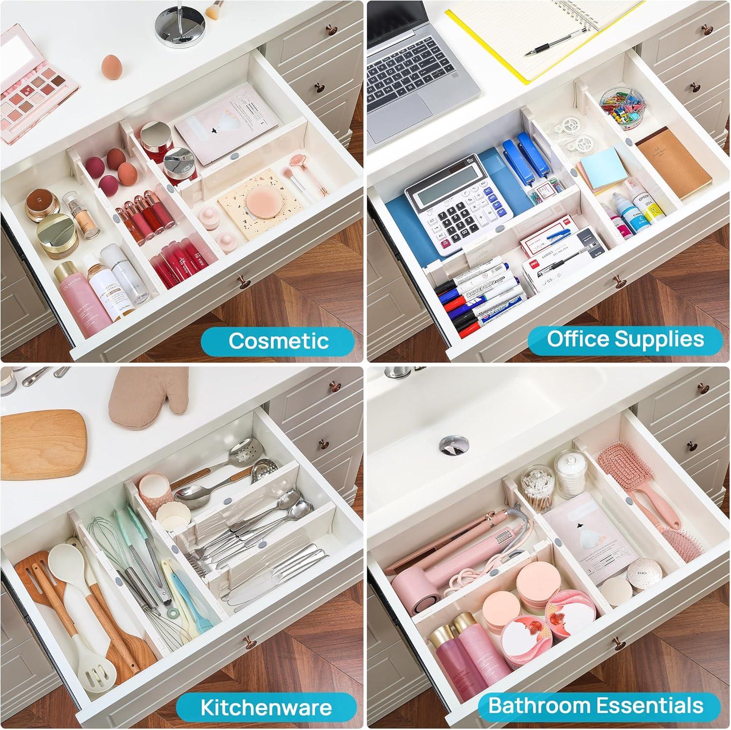 imageVtopmart Drawer Dividers for Clothes 8 Pack Adjustable 4 High Expandable from 11317 Dresser Drawer Organizer Plastic Drawers Separators for Dresser Baby Clothes Kitchen and Office StorageWhite