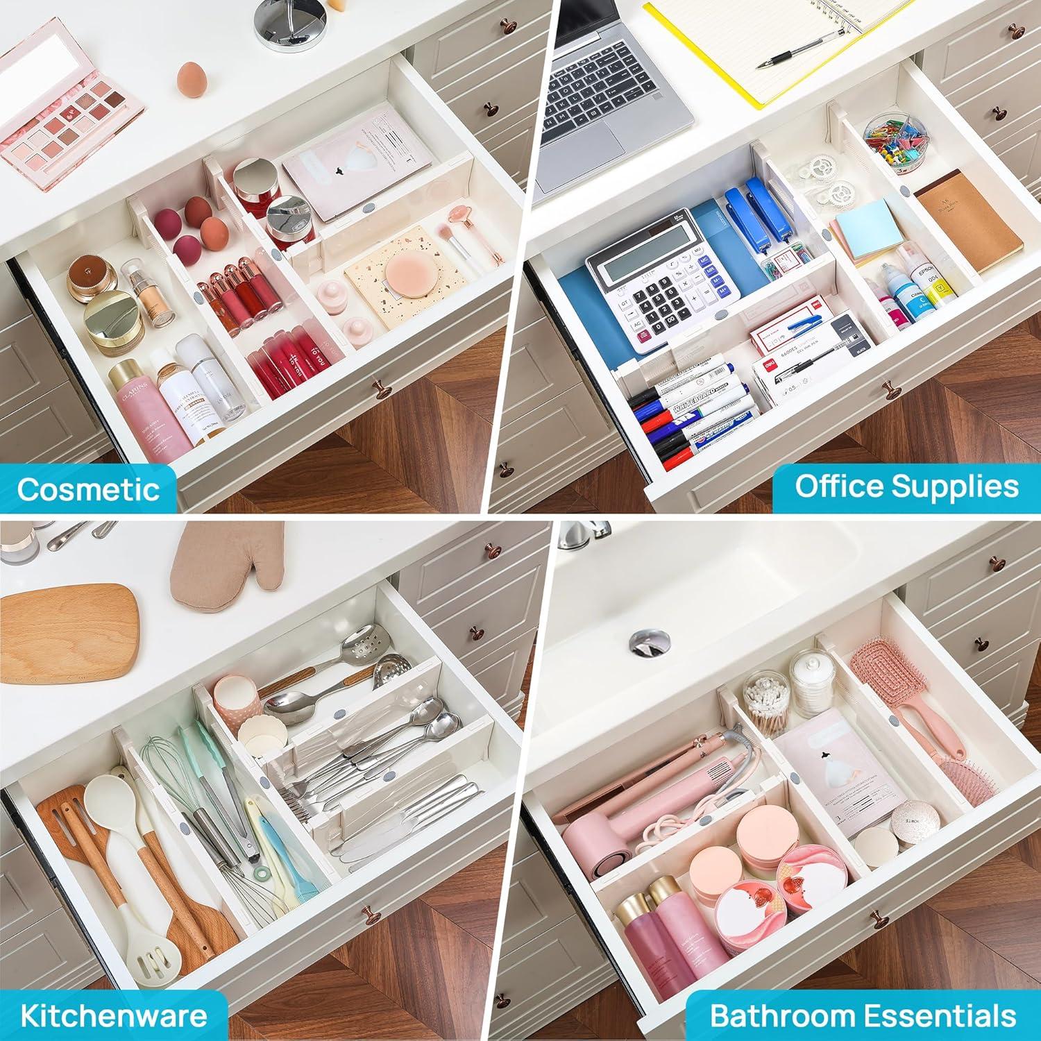 imageVtopmart Drawer Dividers for Clothes 8 Pack Adjustable 4 High Expandable from 11317 Dresser Drawer Organizer Plastic Drawers Separators for Dresser Baby Clothes Kitchen and Office StorageWhite