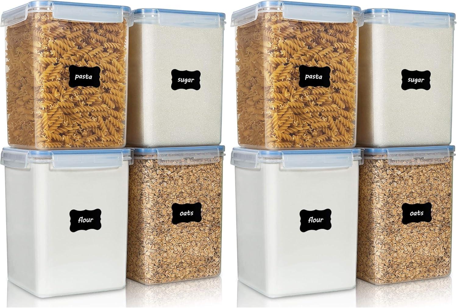 imageVtopmart Extra Large Tall Airtight Food Storage Containers 4 Pieces 59qt65L Plastic PBA Free Kitchen Pantry Canister for Spaghetti Flour and Baking Supplies with 24 Labels BlackBlue