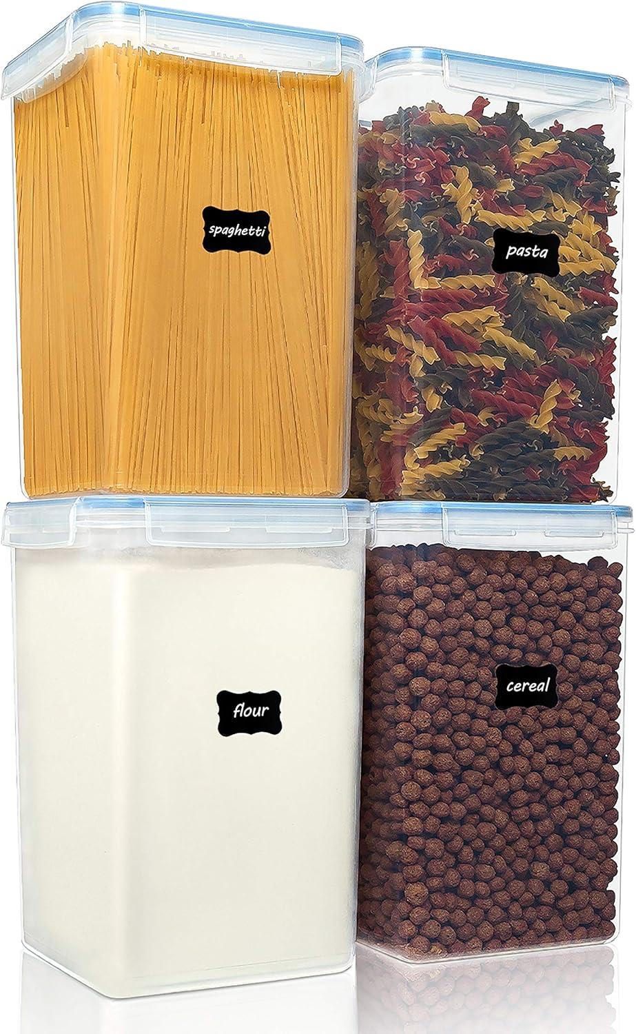 imageVtopmart Extra Large Tall Airtight Food Storage Containers 4 Pieces 59qt65L Plastic PBA Free Kitchen Pantry Canister for Spaghetti Flour and Baking Supplies with 24 Labels BlackBlue