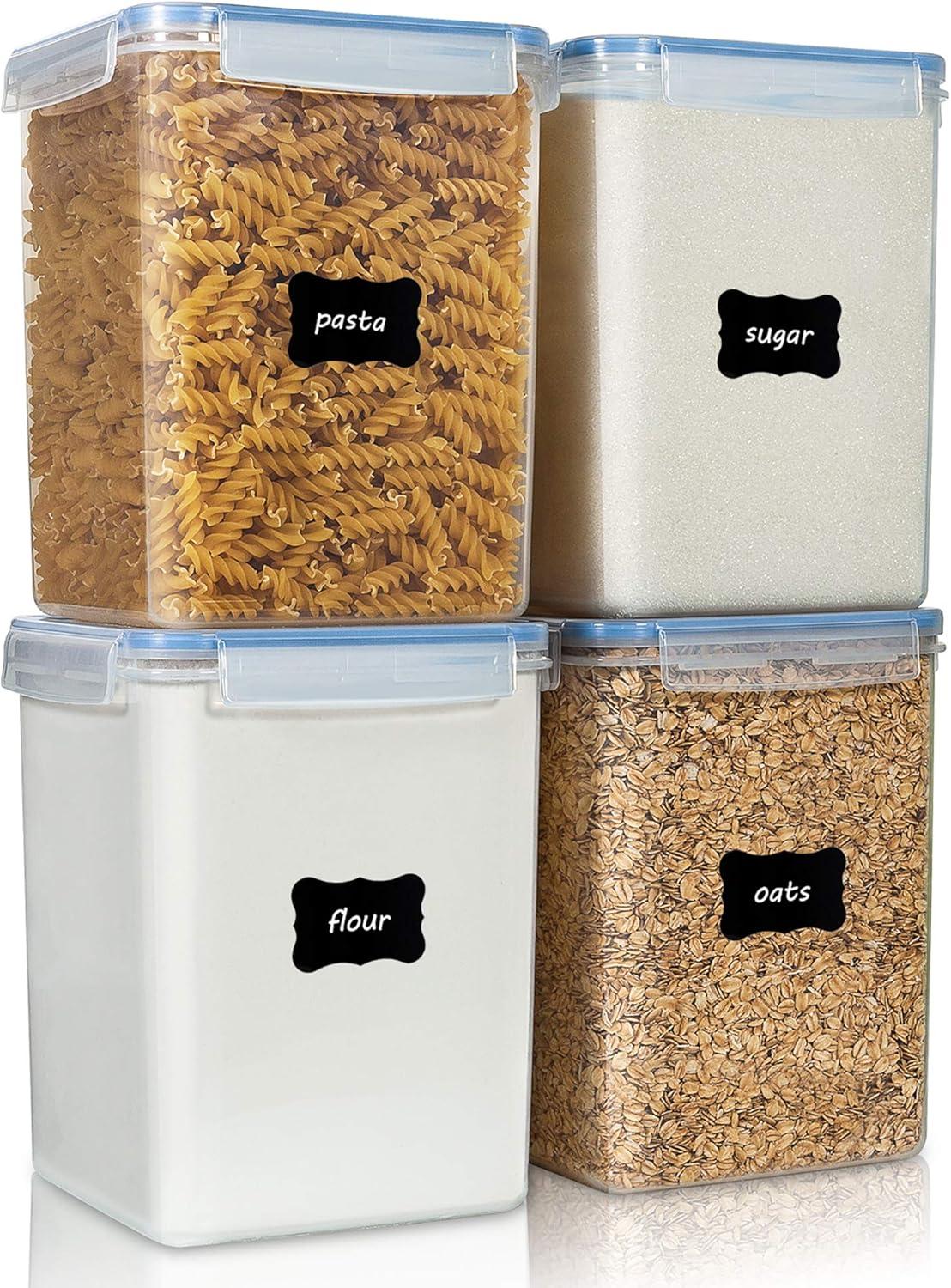 imageVtopmart Extra Large Tall Airtight Food Storage Containers 4 Pieces 59qt65L Plastic PBA Free Kitchen Pantry Canister for Spaghetti Flour and Baking Supplies with 24 Labels BlackBlue