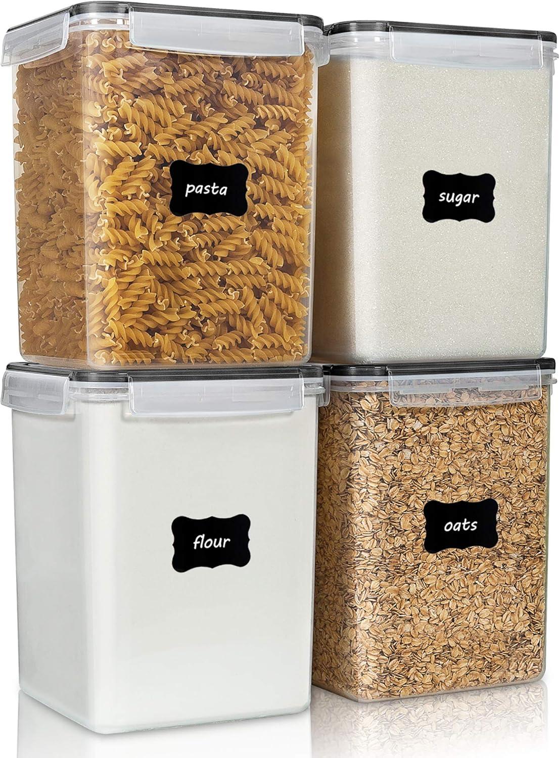 imageVtopmart Extra Large Tall Airtight Food Storage Containers 4 Pieces 59qt65L Plastic PBA Free Kitchen Pantry Canister for Spaghetti Flour and Baking Supplies with 24 Labels BlackBlack