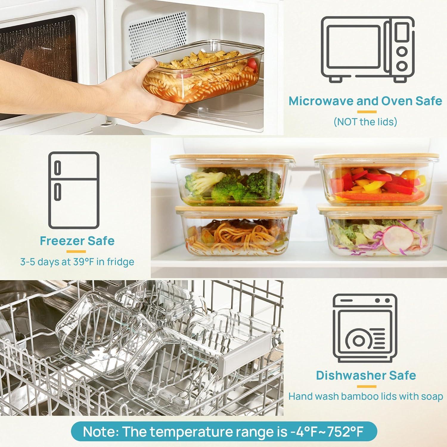 imageVtopmart Glass Food Storage Containers with Bamboo Lids 4 Pack Meal Prep Glass Containers Safe for Microwave Oven Freezer and Dishwasher BPA FreeSet of 5 35oz