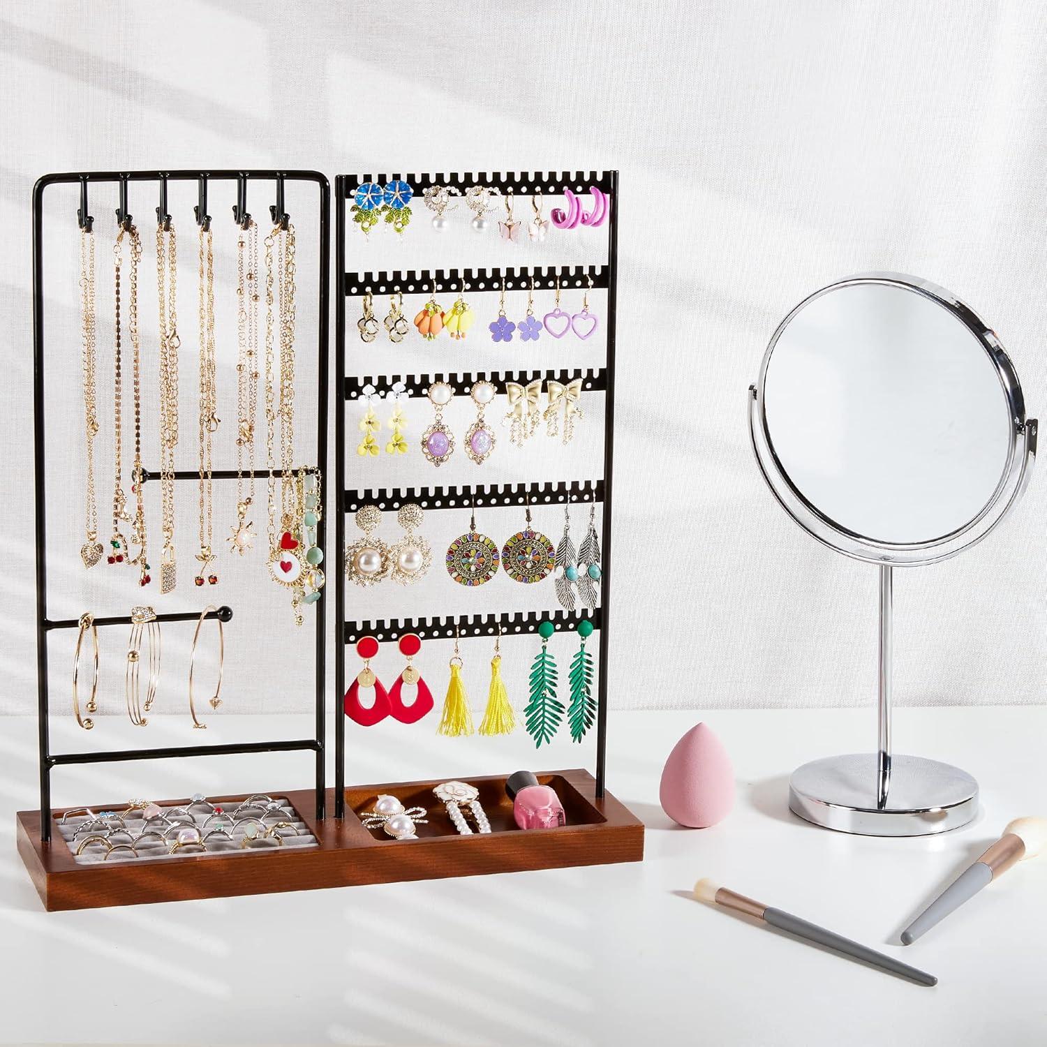 imageVtopmart Jewelry Holder Organizer Stand Tree for Earring Necklace Ring Bracelets Display and Storage with 90 Holes 12 Hooks Black Walnut
