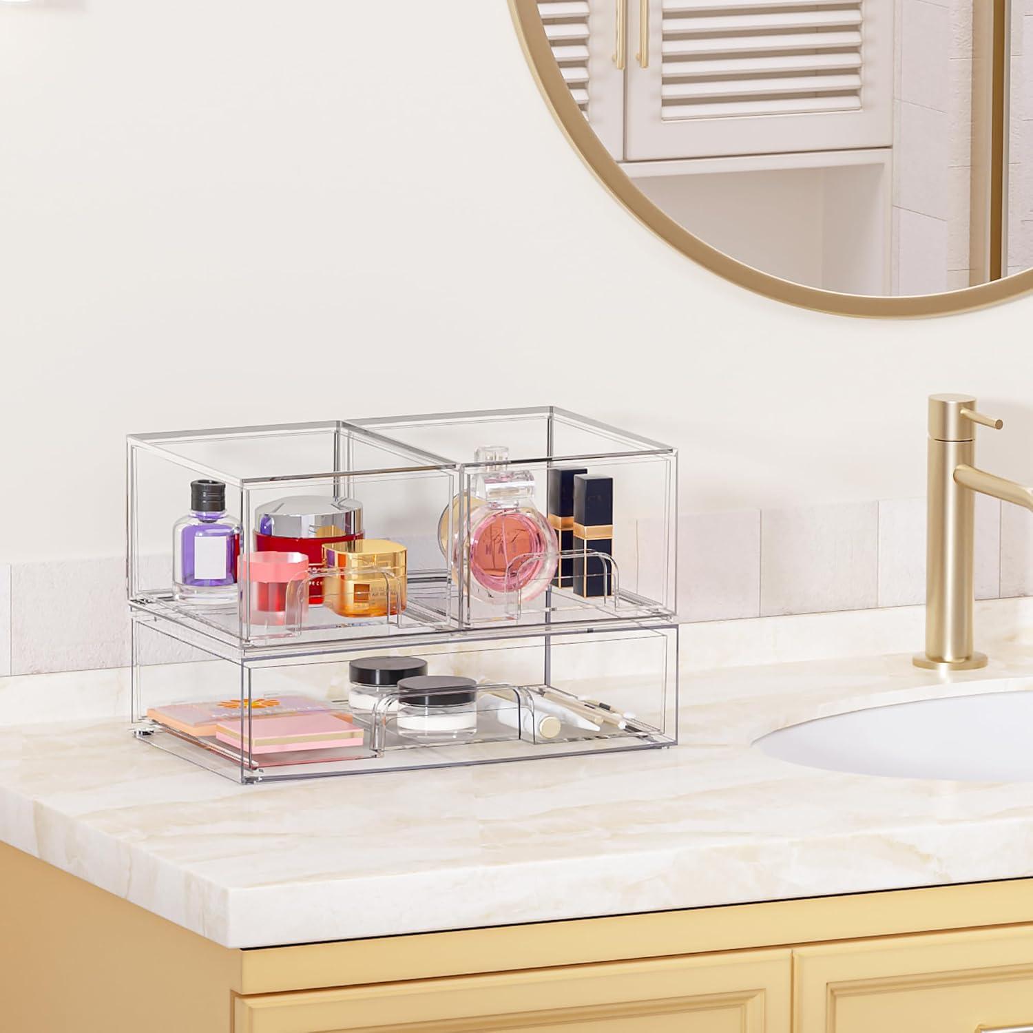 imageVtopmart Stackable Storage Drawers Set of 6 Clear Plastic Organizer Bins for Bathroom SuppliesIdeal for CabinetPantryLaundry Room Organization2 Small1 Wide