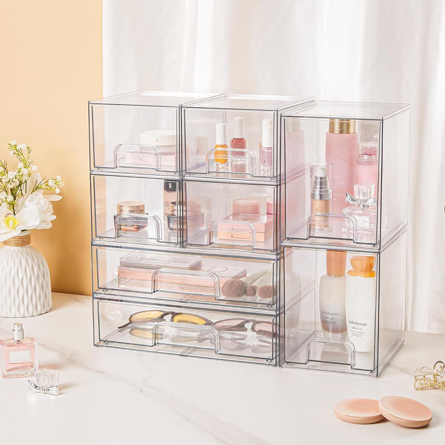 imageVtopmart Stackable Storage Drawers Set of 6 Clear Plastic Organizer Bins for Bathroom SuppliesIdeal for CabinetPantryLaundry Room Organization2 Small1 Wide