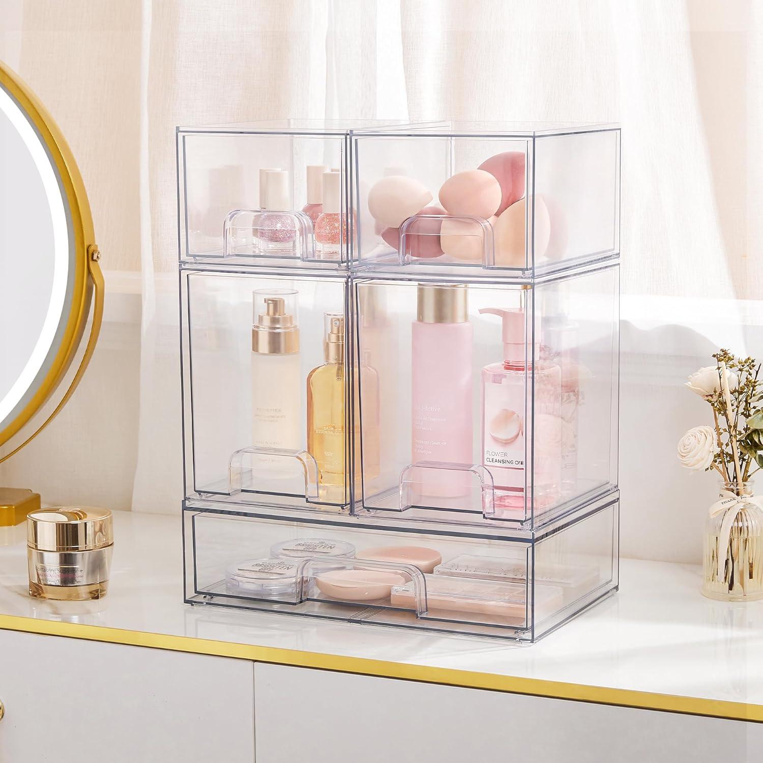 imageVtopmart Stackable Storage Drawers Set of 6 Clear Plastic Organizer Bins for Bathroom SuppliesIdeal for CabinetPantryLaundry Room Organization2 Small2 High1 Wide
