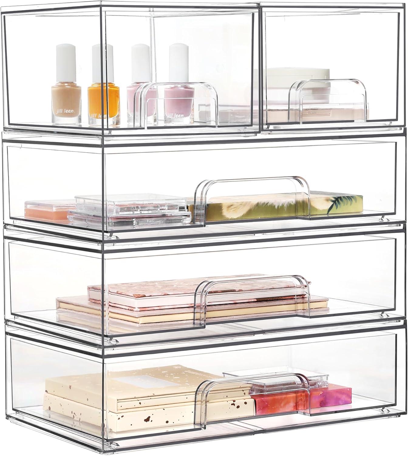 imageVtopmart Stackable Storage Drawers Set of 6 Clear Plastic Organizer Bins for Bathroom SuppliesIdeal for CabinetPantryLaundry Room Organization2 Small3 Wide