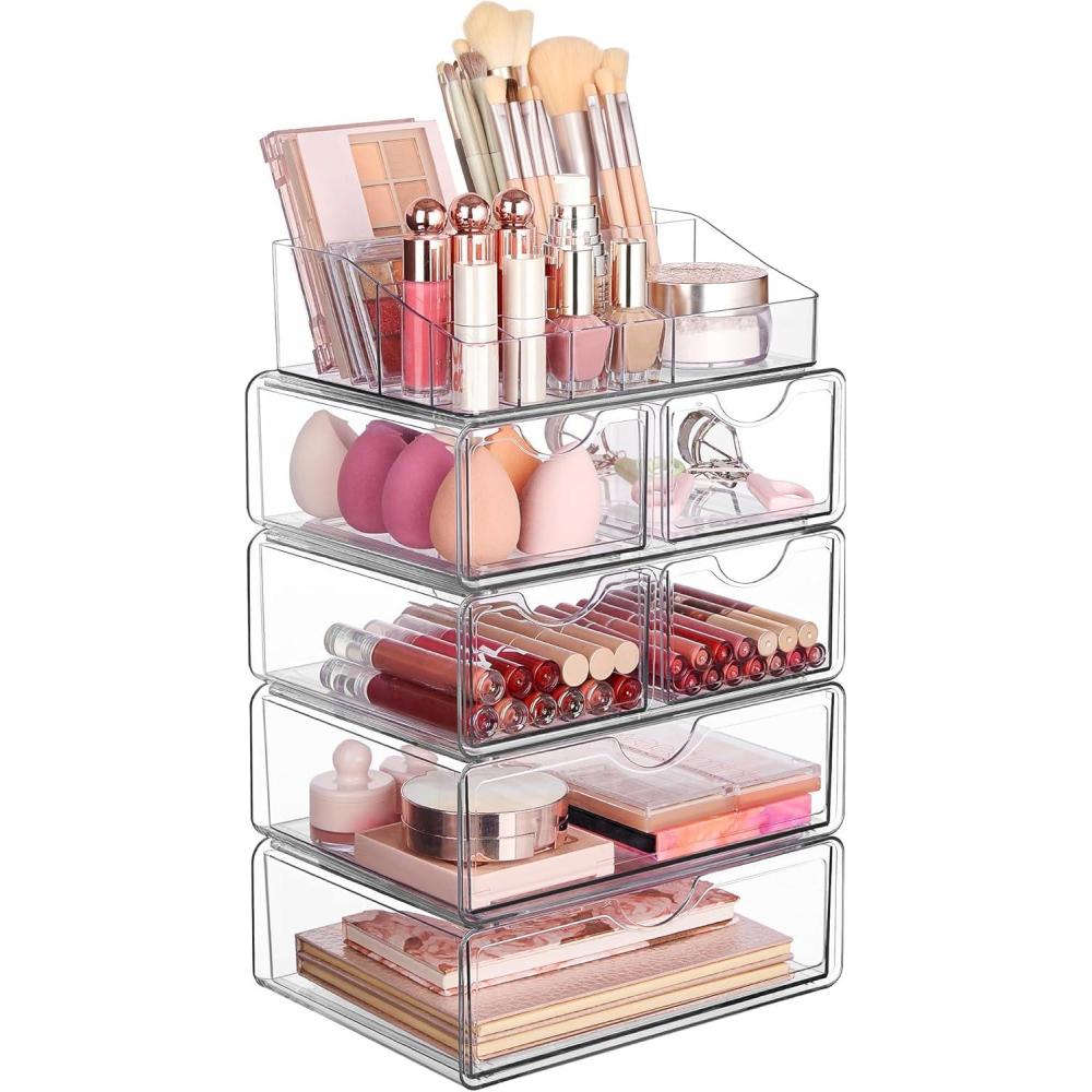 imageVtopmart 1 Tier Clear Makeup Organizer with Drawer Cosmetic Storage for Dresser Countertop and Bathroom Vanity Beauty Holder for Lipstick Brush Skincare5 Tier 2 Sizes Drawer
